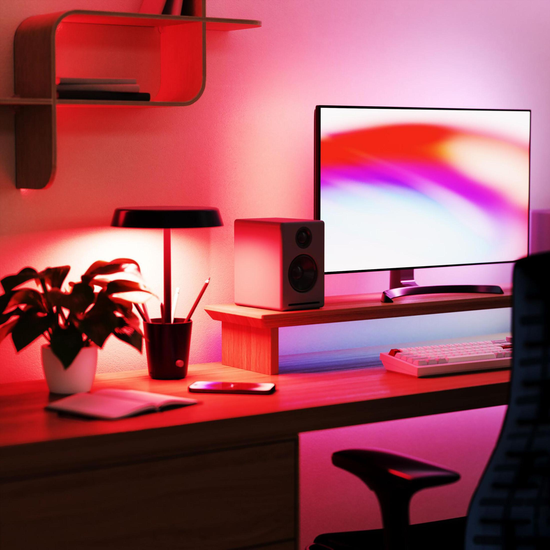 Configurazione scrivania. Monitor, lampada, altoparlante, pianta e tastiera. Illuminazione rosa. Sfondo: Muro.