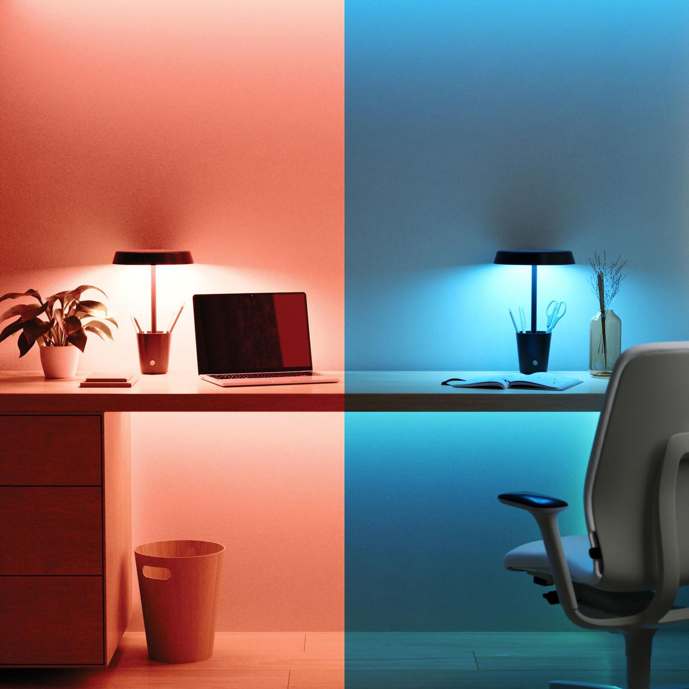 Configurazione scrivania con lampada, a sinistra rosso, a destra blu. Laptop e altri oggetti.