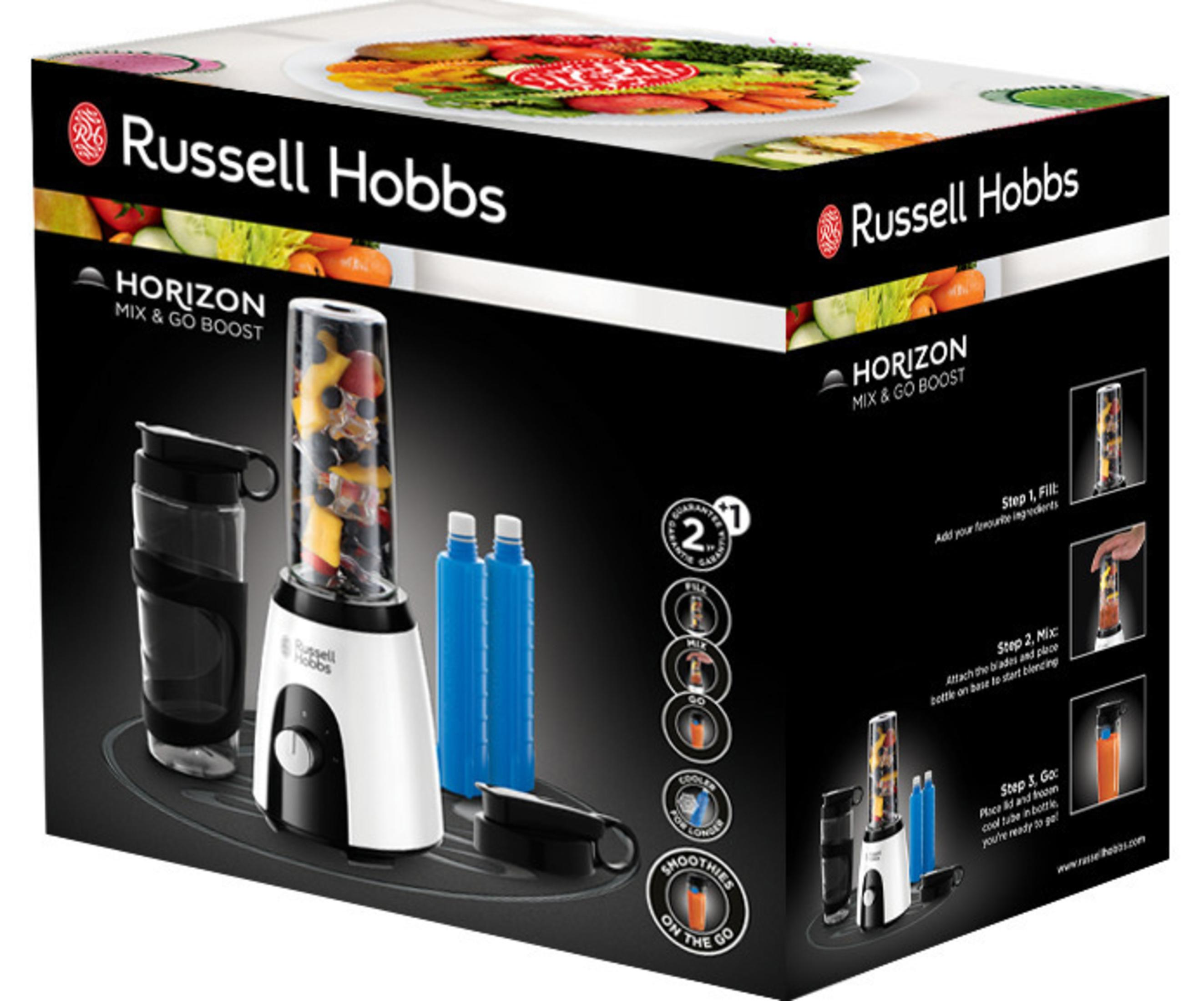 Meyve resimli bir Russell Hobbs blender ürün kutusu. Blenderi ve aksesuarları gösteriyor.