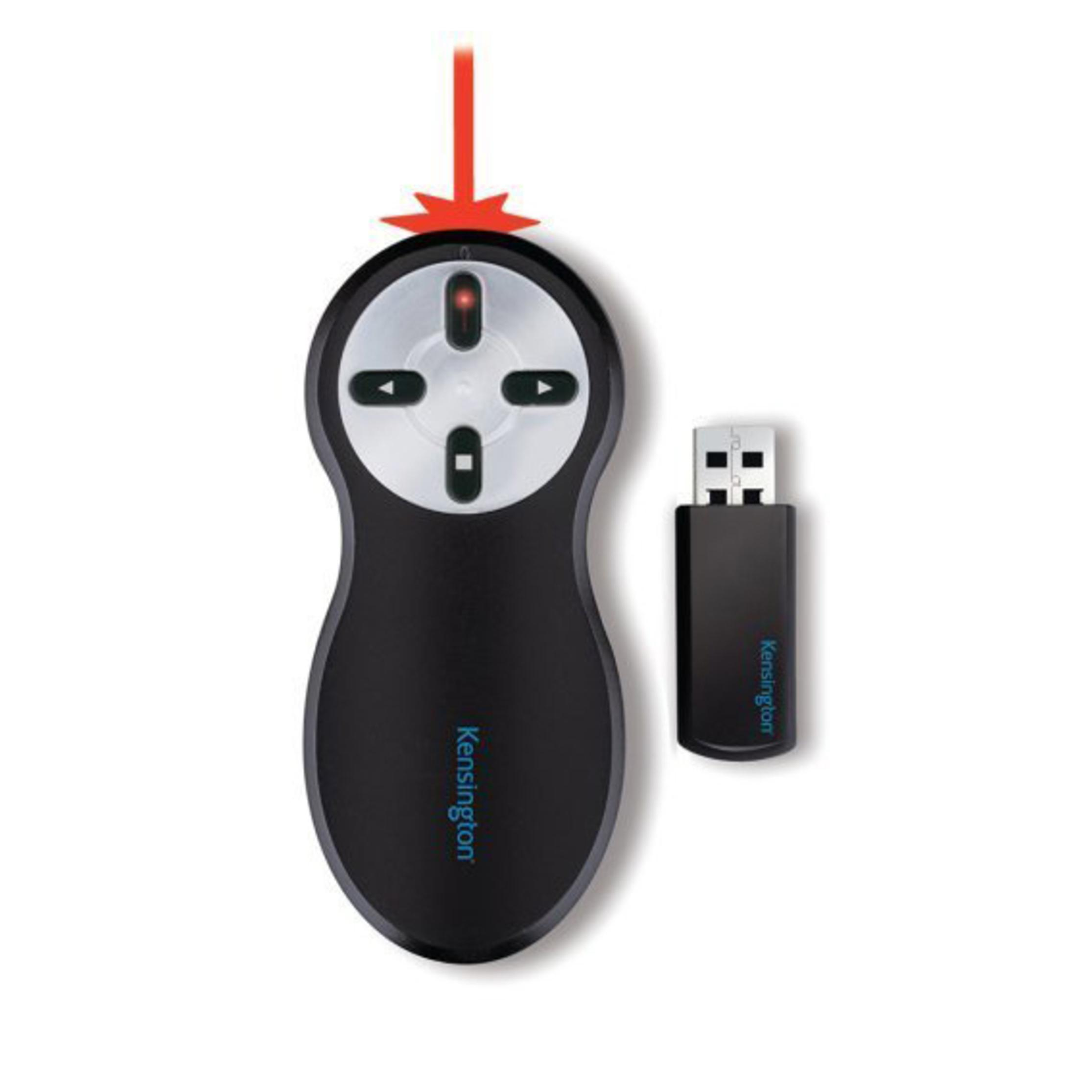 Mando a distancia negro con logo Kensington y receptor USB. Flecha roja apuntando al mando.