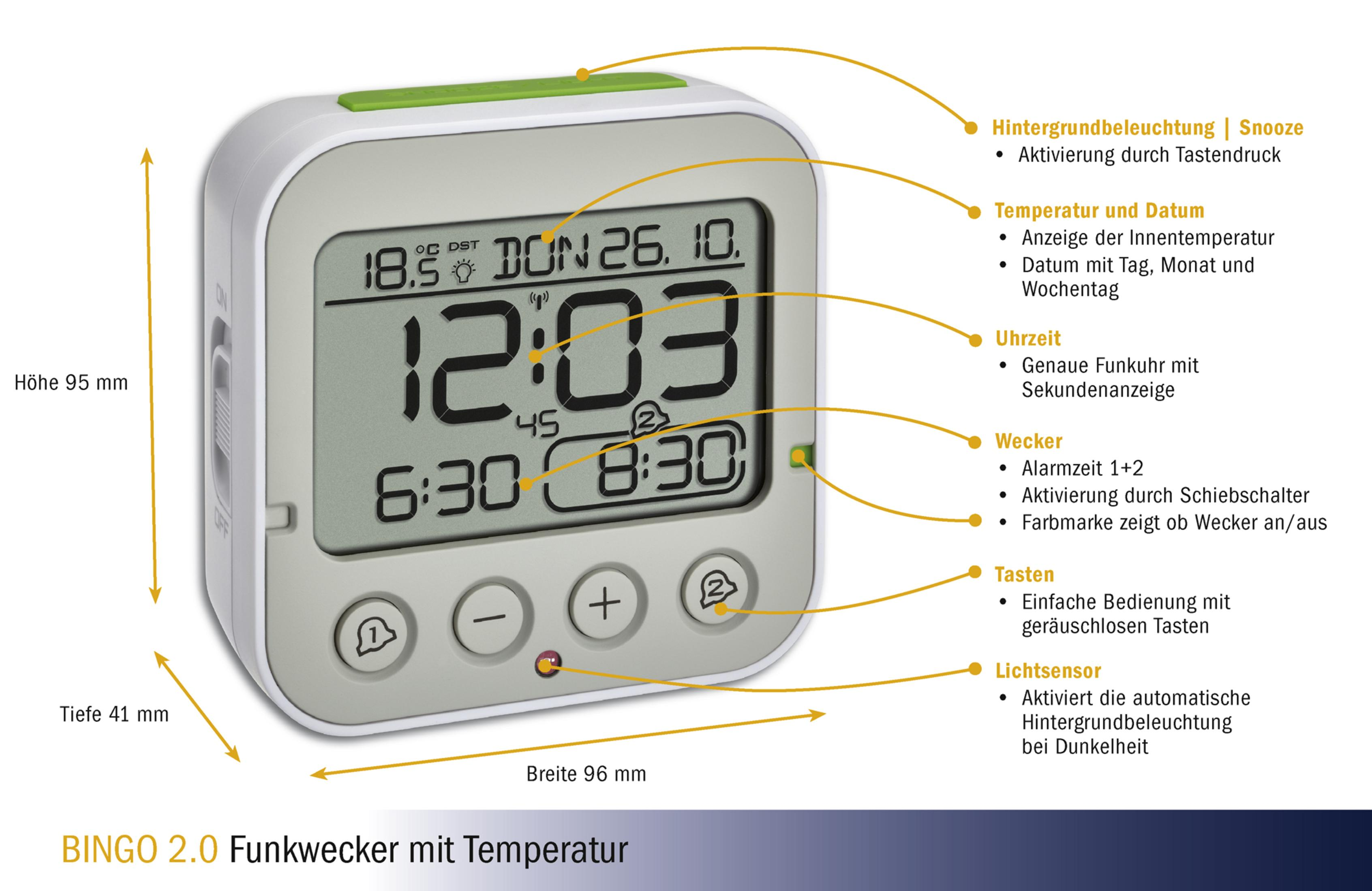 Digitaler Wecker mit Anzeige von Uhrzeit und Datum. Knöpfe und Text sind darum herum.