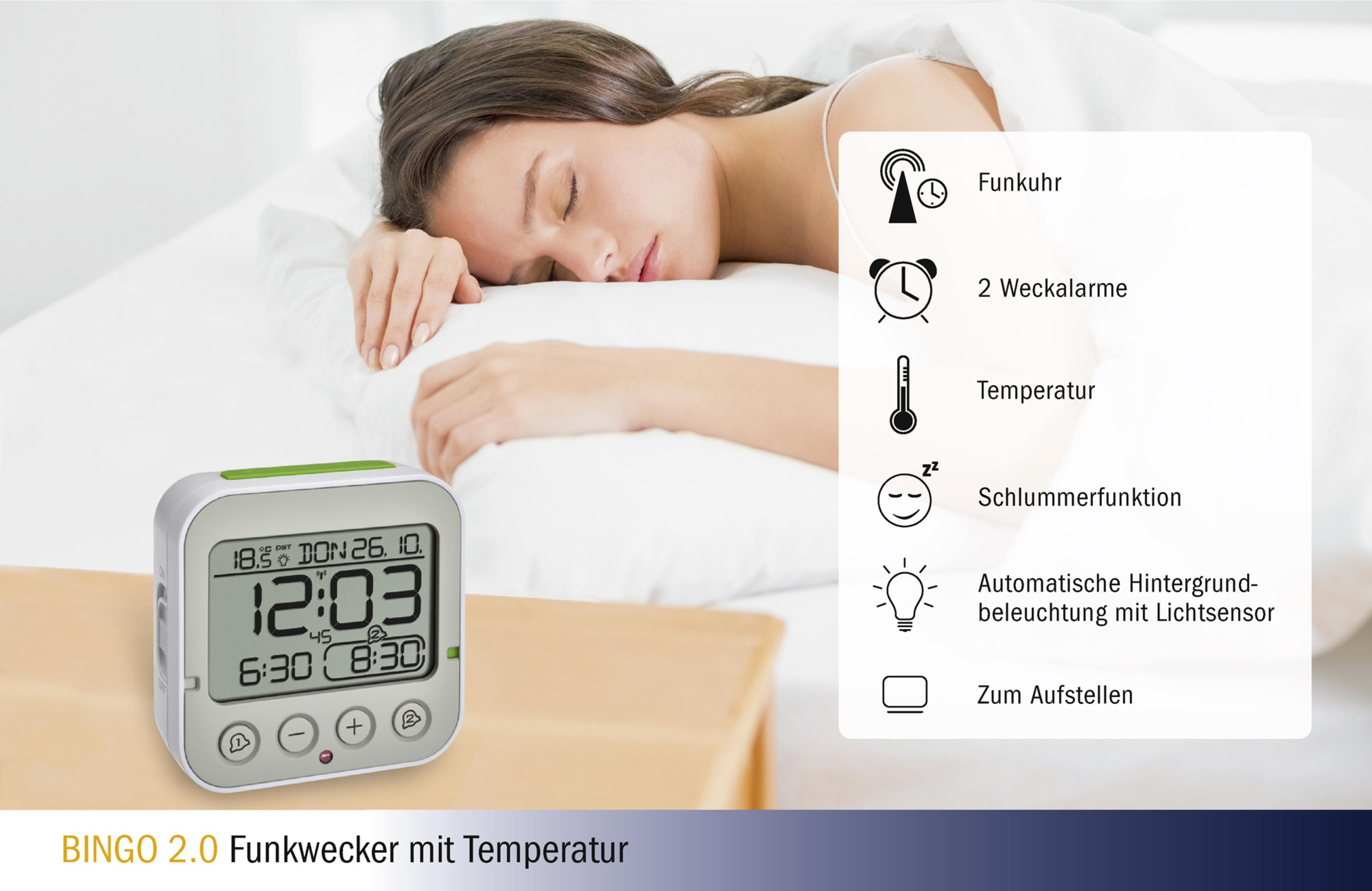 Schlafende Frau im Bett mit Digitaluhr und Funktionssymbolen.