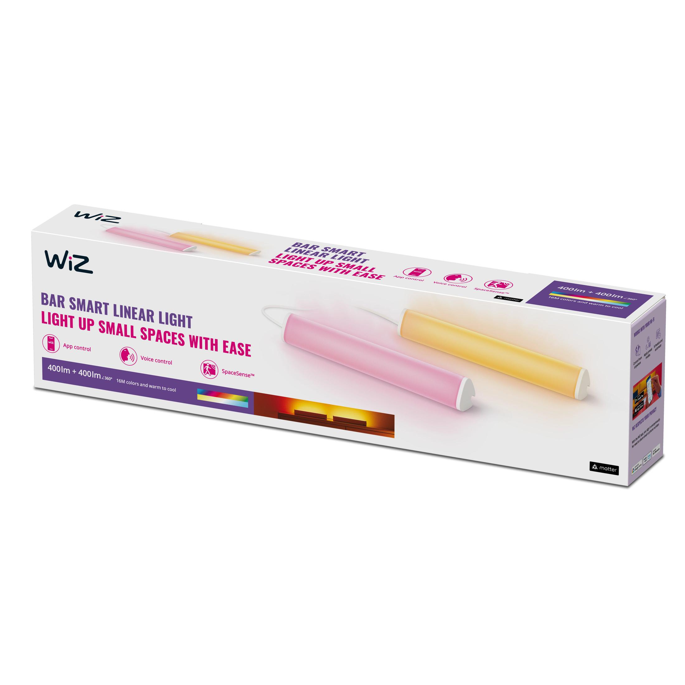 Box mit zwei rosa und gelben Lichtern, Text: bar smart linear light.