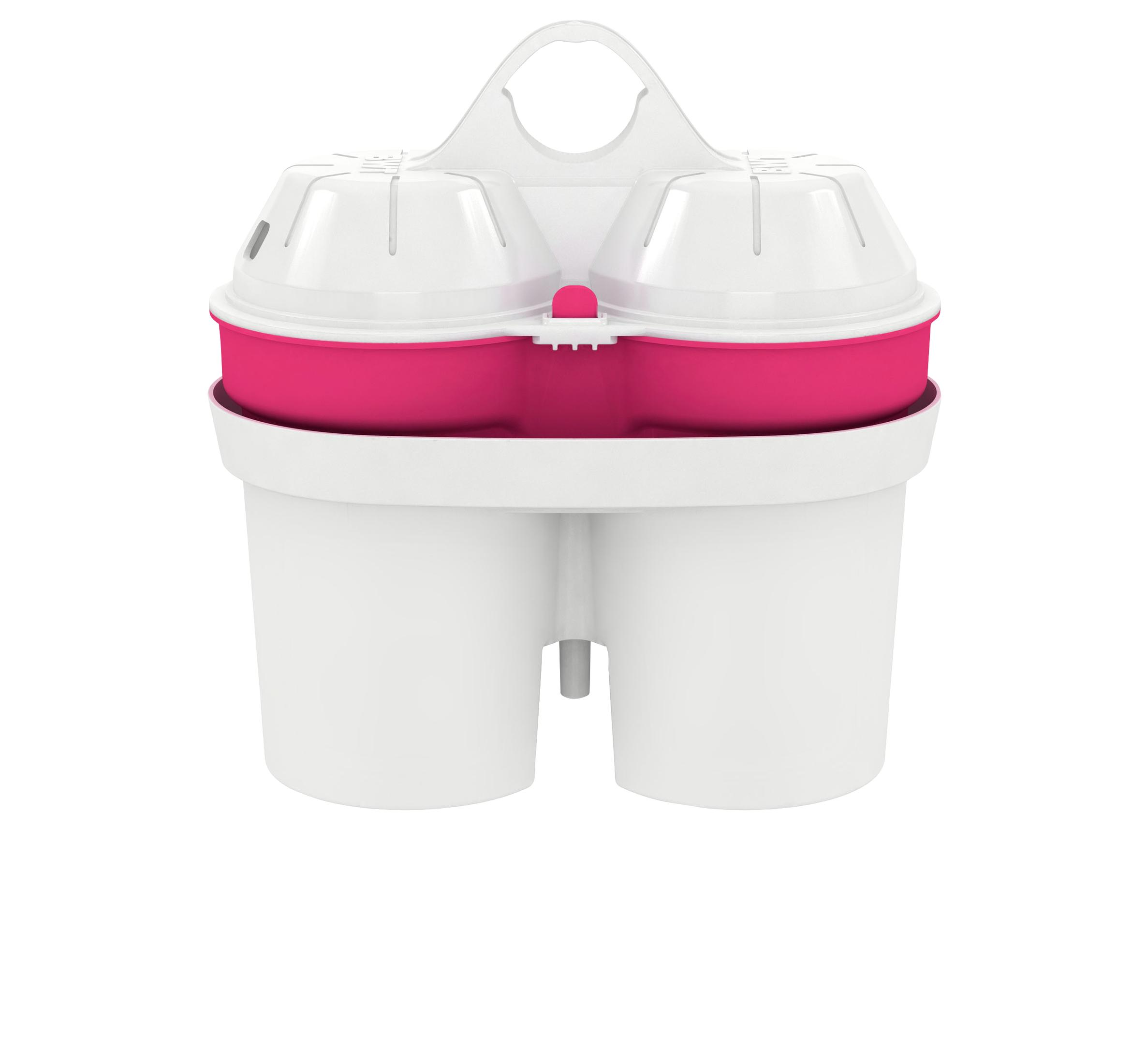 Ein weißer und rosa Wasserfilterbehälter mit zwei Kammern und einem Griff oben.