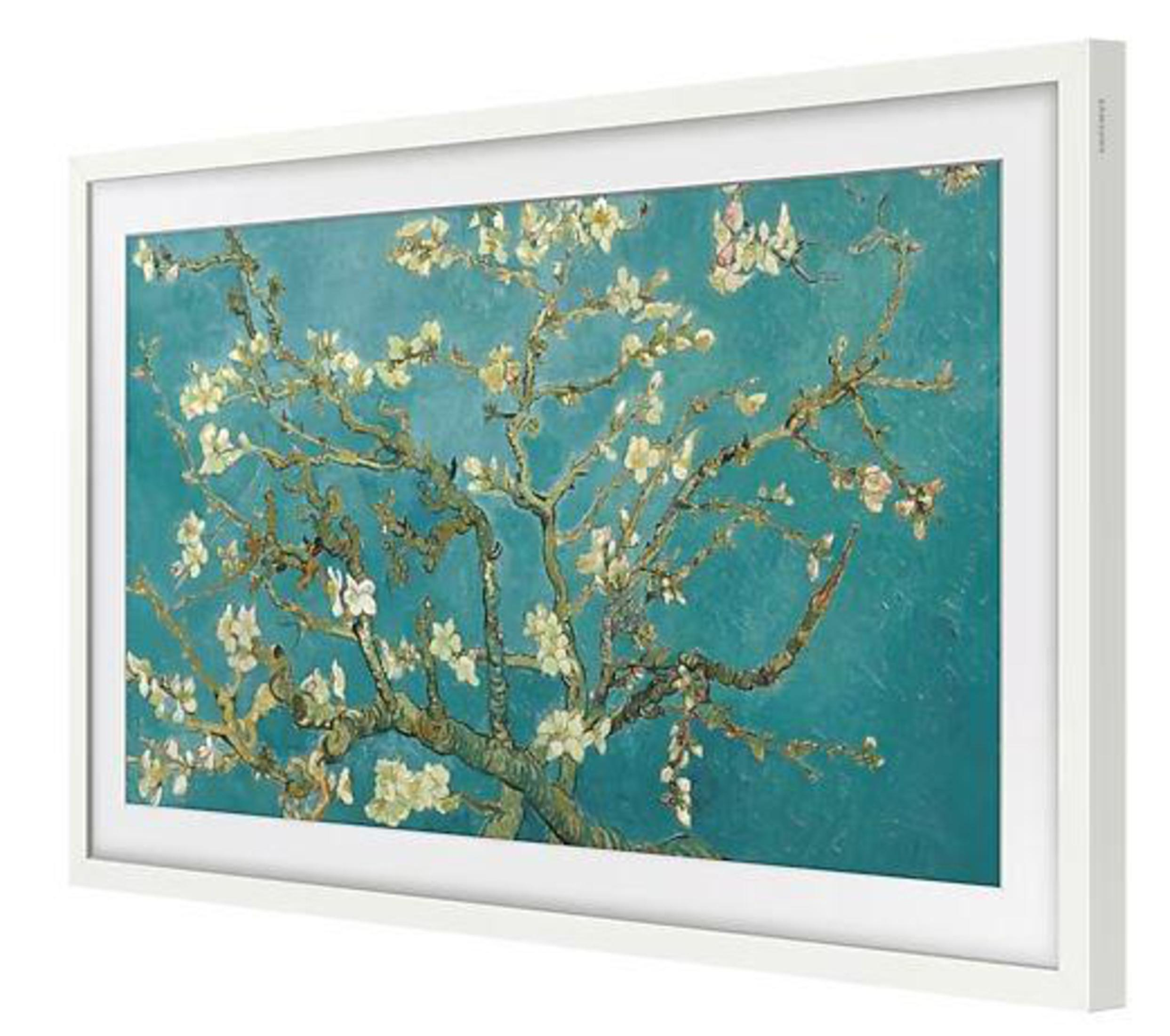 Ein weiß gerahmtes Kunstwerk von Van Goghs 'Mandelblüten'-Gemälde.