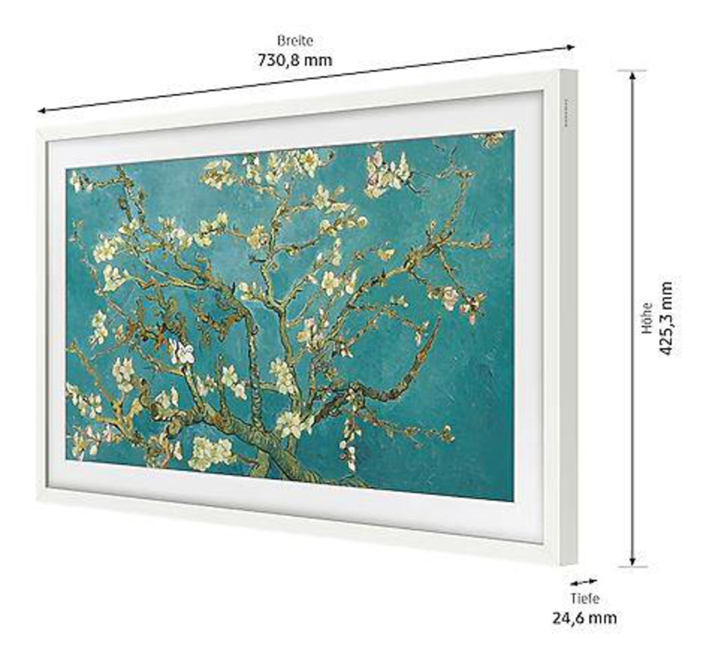 Ein gerahmtes Kunstwerk eines Baumes mit weißen Blüten auf tealfarbenem Hintergrund.