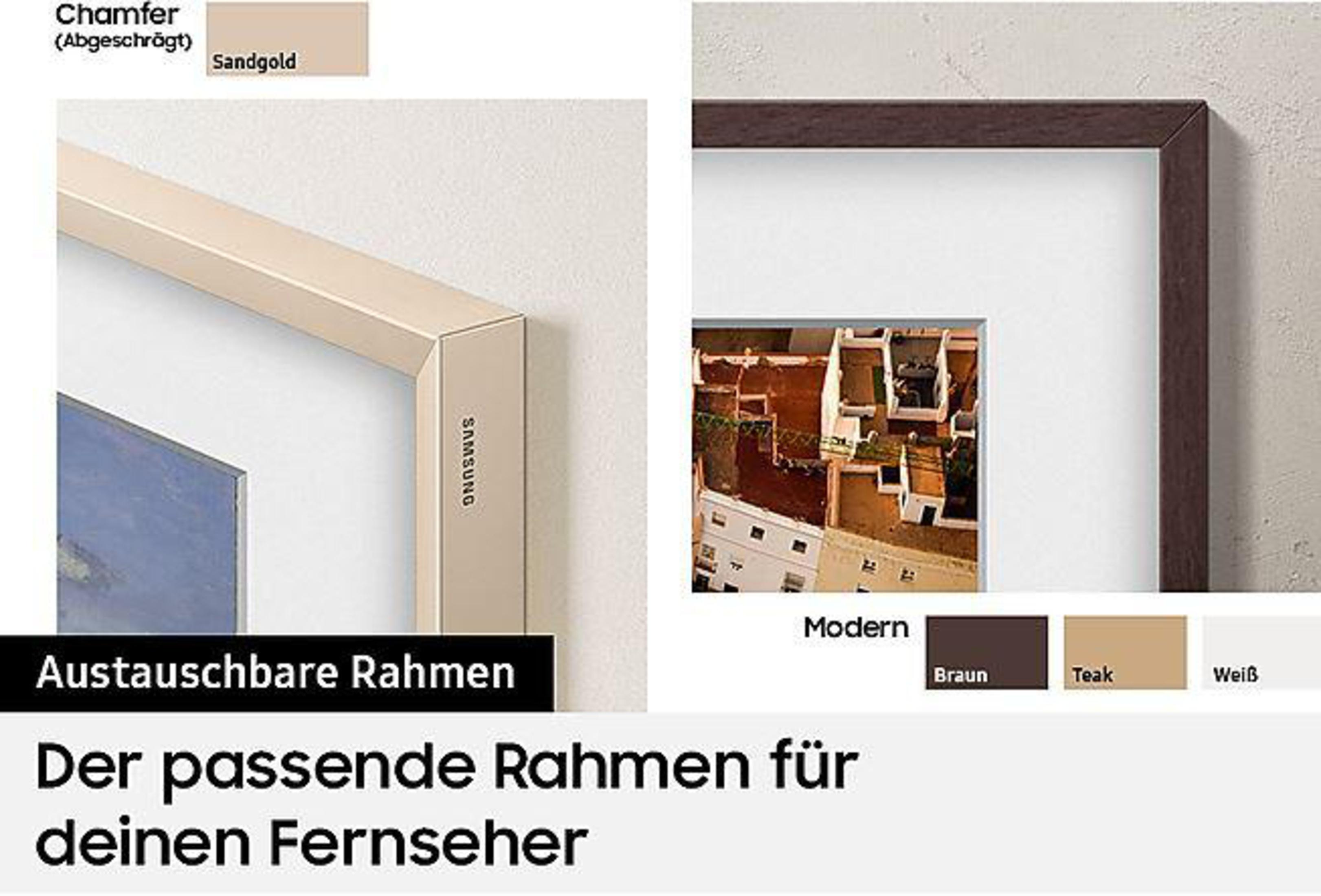 Zwei TV-Rahmen in Beige und Braun mit weißem Bildeinsatz. Text: 'Der passende Rahmen'.