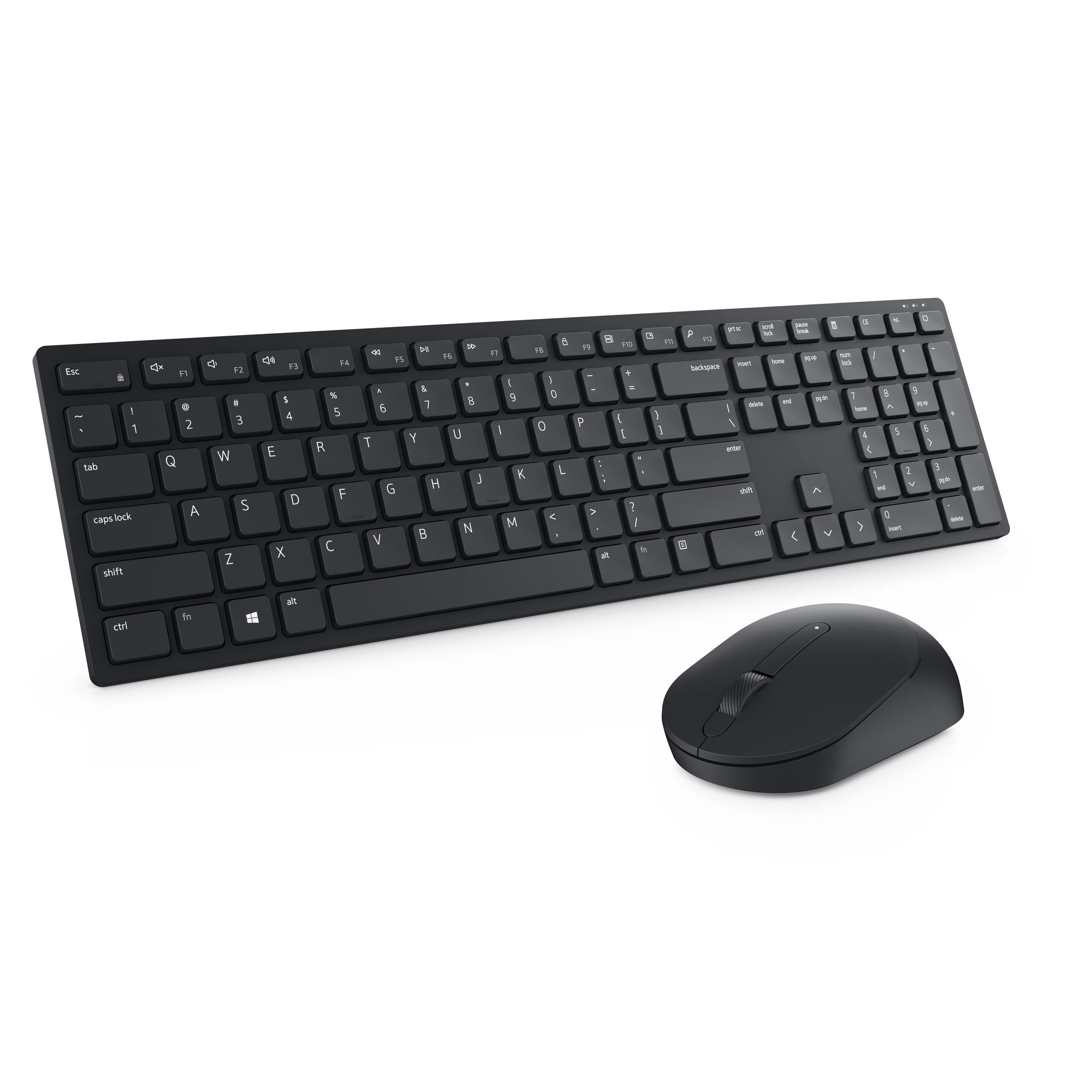 Schwarzes Tastatur- und Maus-Set auf weißem Hintergrund. Die Tastatur ist groß und hat einen Ziffernblock.