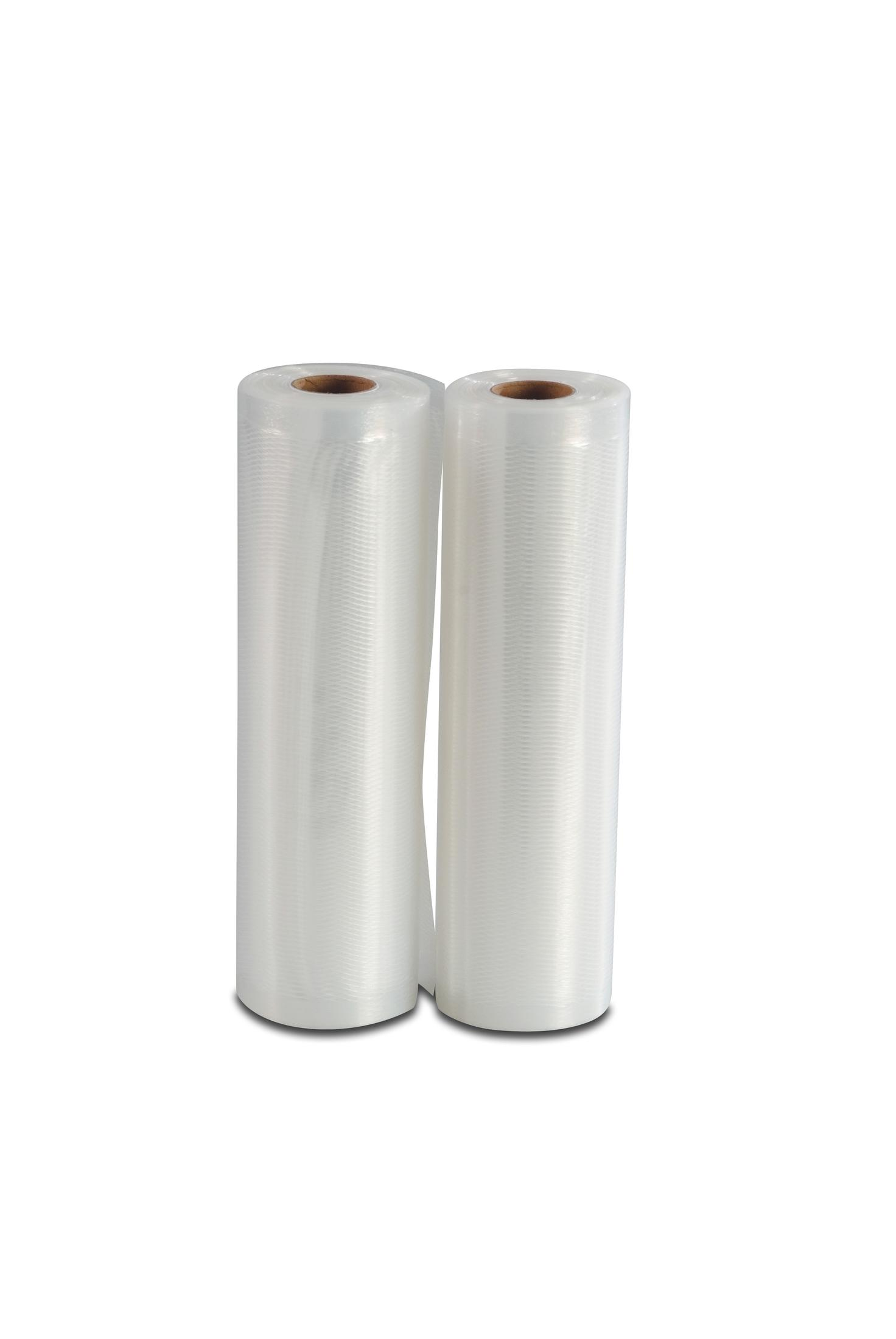 Zwei transparente Kunststoffrollen. Weißer Hintergrund.