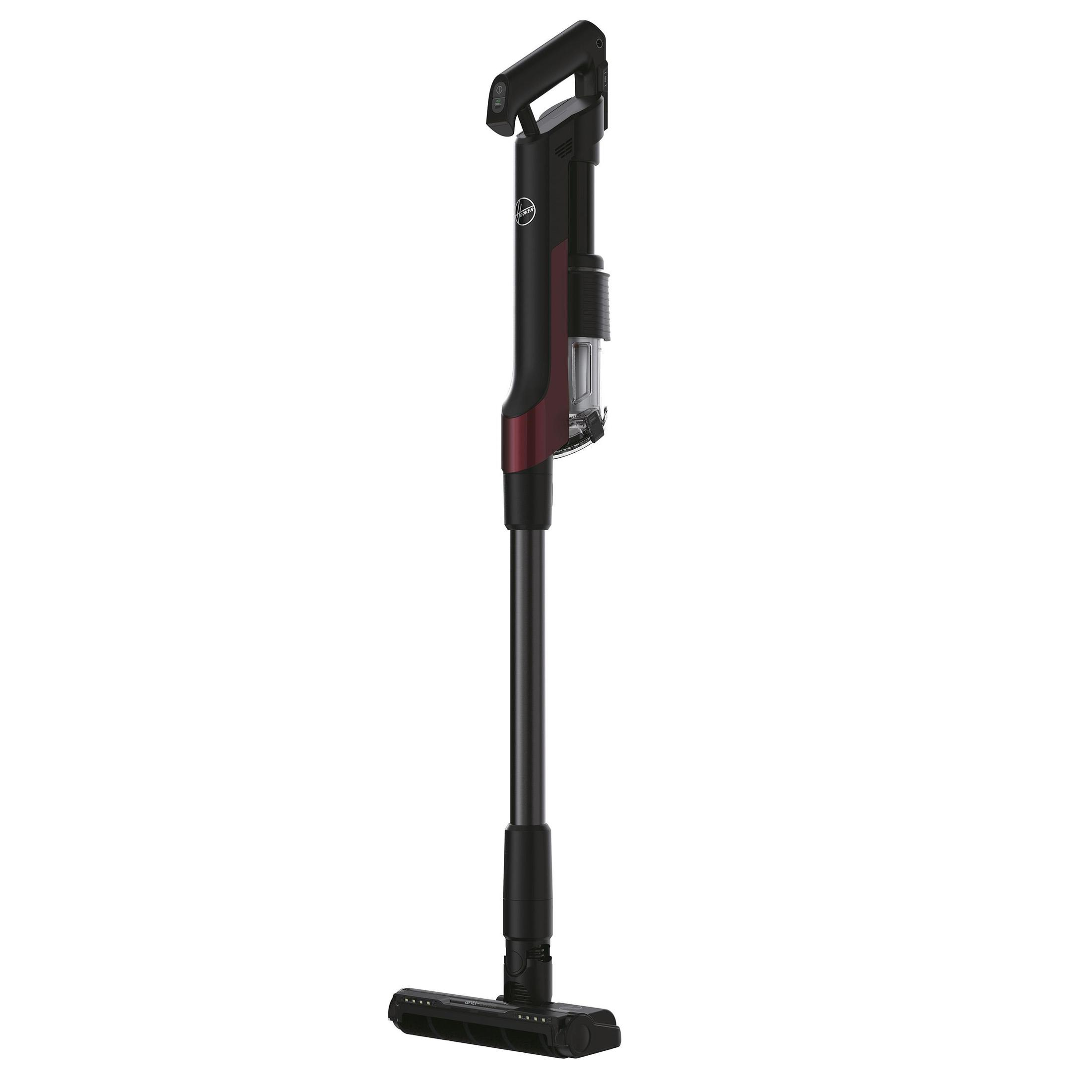 Un aspirapolvere senza fili bordeaux e nero. Il marchio Hoover è visibile.
