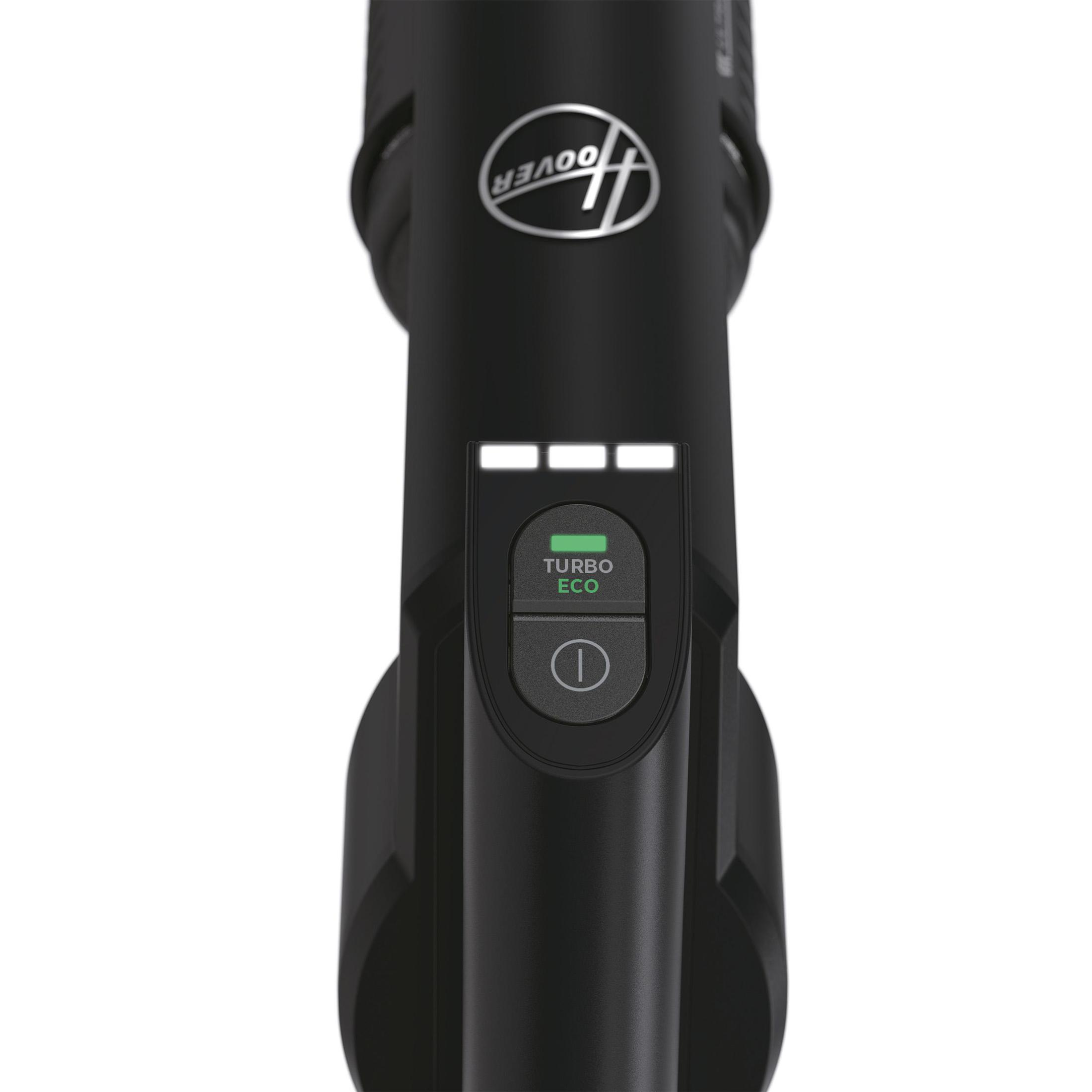 Manico nero dell'aspirapolvere Hoover con pulsante 'Turbo Eco' e indicatori.