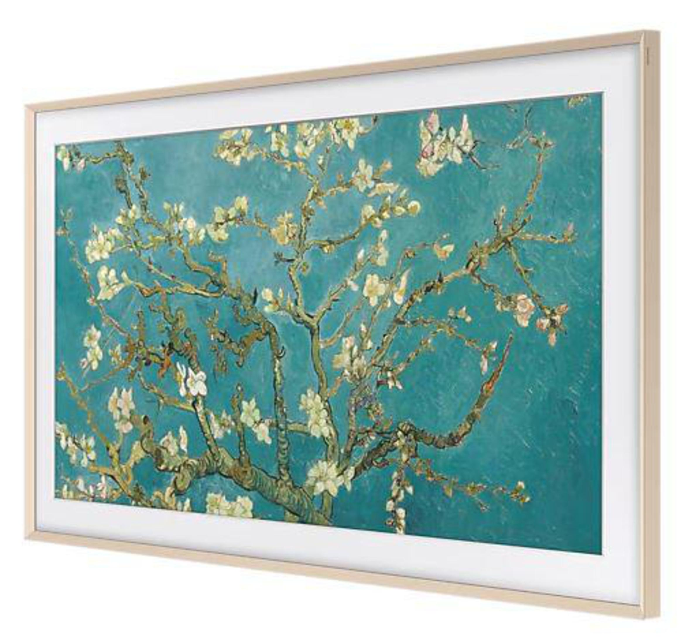 Obraz Wan Gogha Migdałowe Kwitnienie w drewnianej ramie, na tle turkusowym.