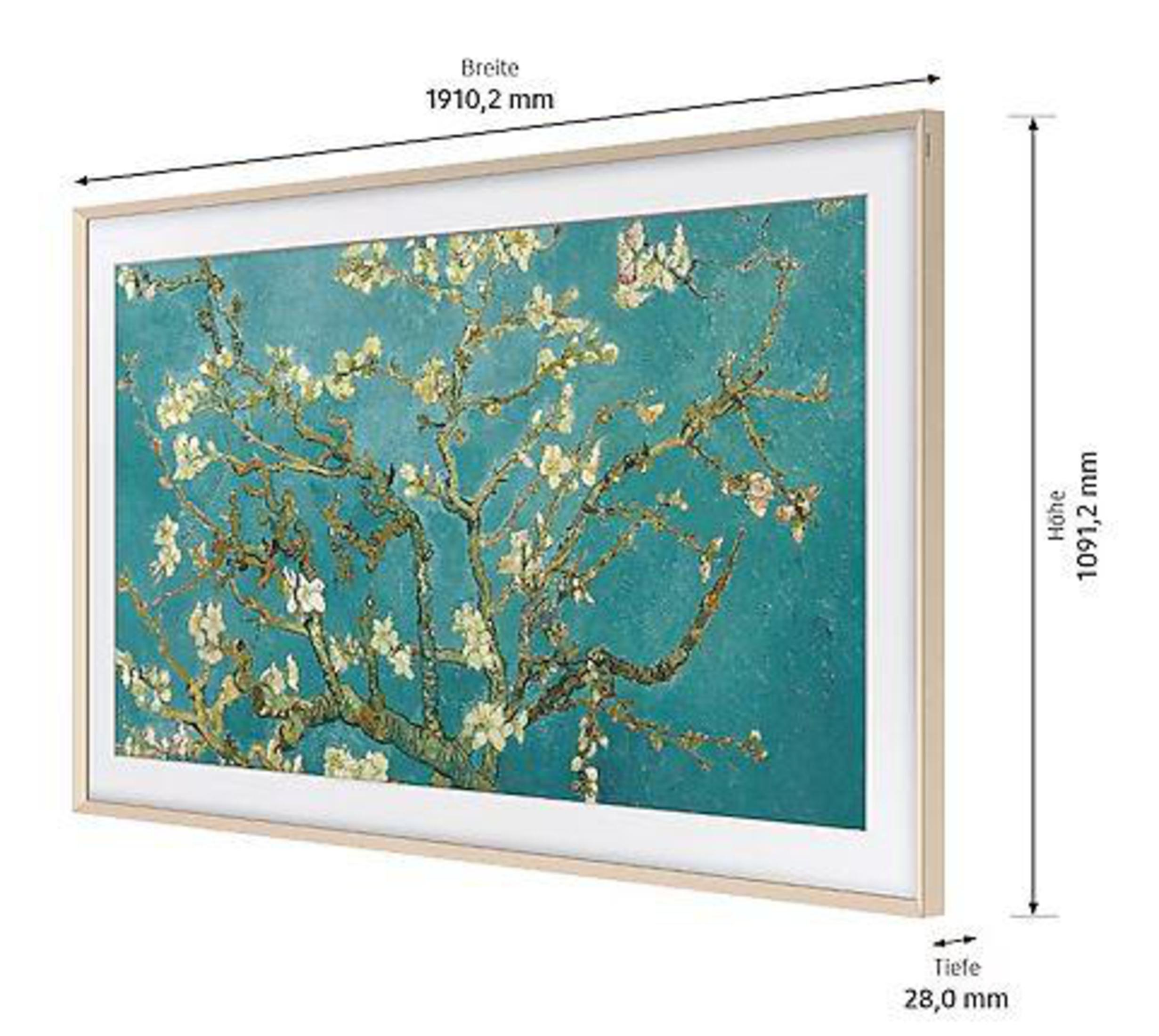 Obraz w ramie przedstawiający drzewo z białymi kwiatami na turkusowym tle. Pokazano wymiary.