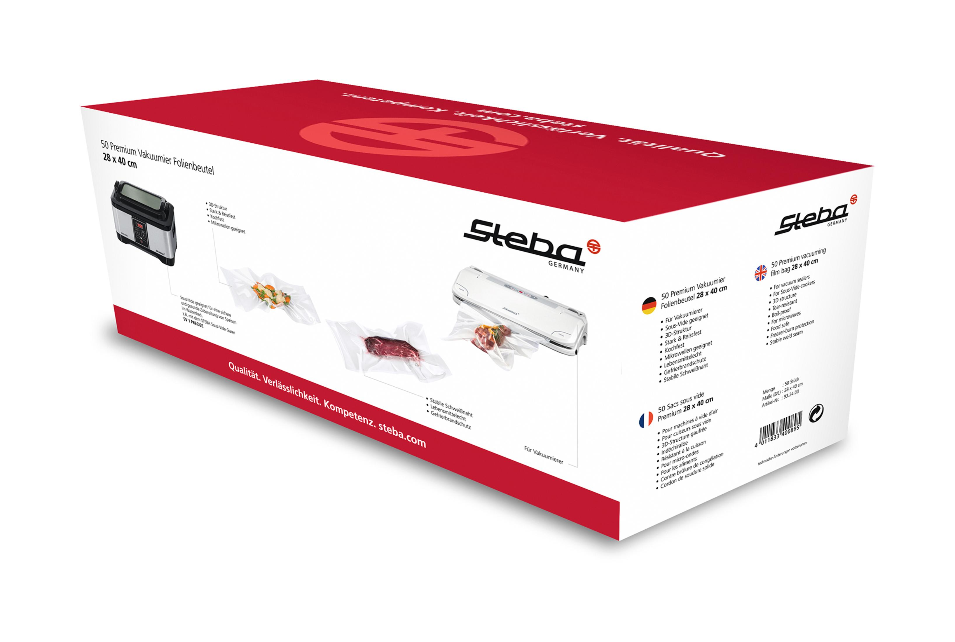 Verpackungskarton für Vakuumbeutel. Zeigt Beutel mit Lebensmitteln und den Markennamen Steba.