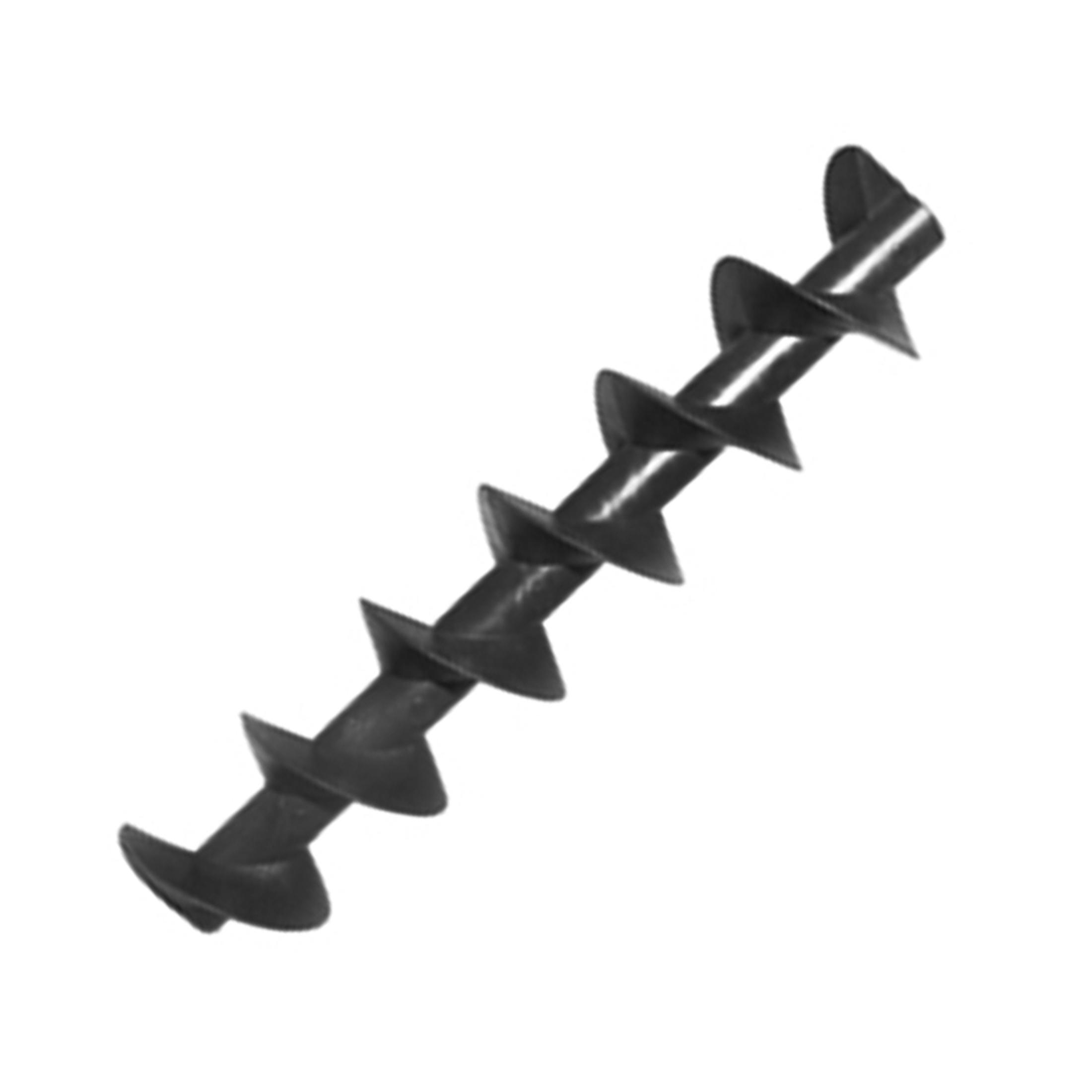 Eine schwarze Schraube mit Spiraldesign. Es befindet sich auf weißem Hintergrund. Die Form ist länglich und verjüngt sich.