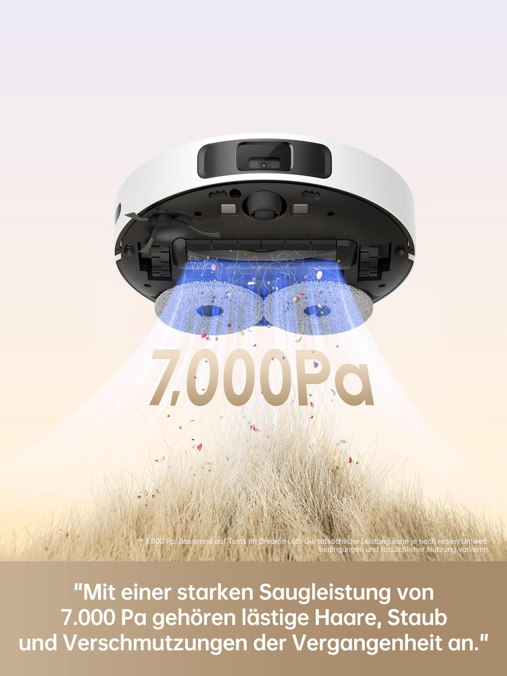 Aspiradora robot blanca con almohadillas de limpieza azules. Se muestra la potencia de succión de 7.000 Pa.