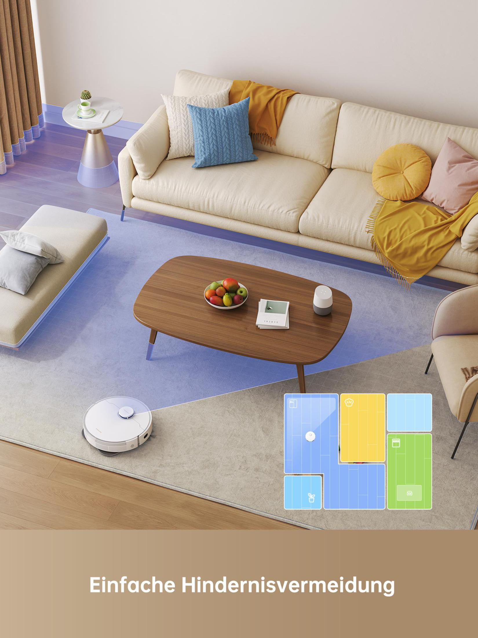 Escena de sala de estar con robot aspirador y muebles, mostrando texto 'Einfache Hindernisvermeidung'.