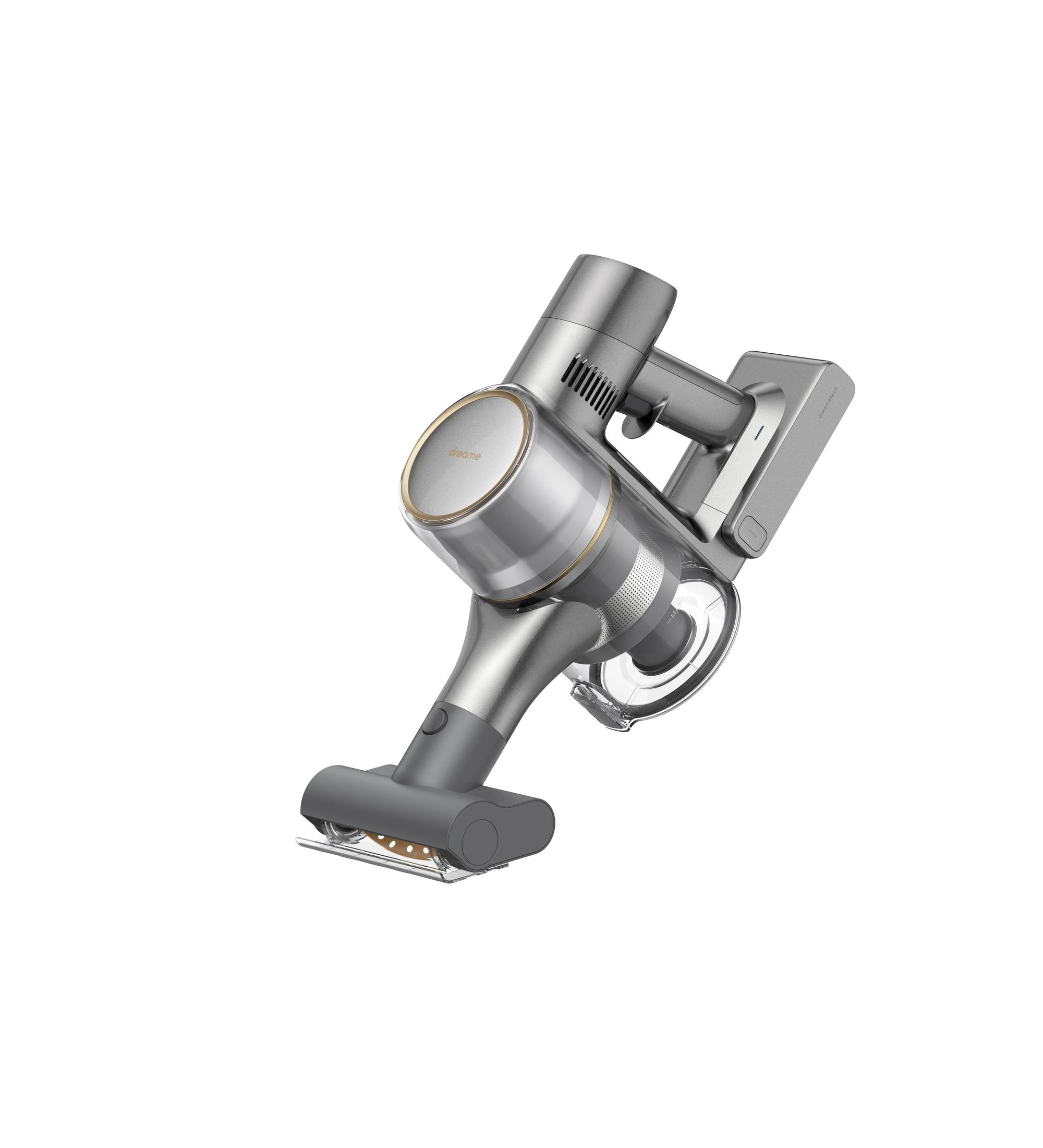 Kabelloser Staubsauger in Silber und Grau, schräge Ansicht. Modernes Design.