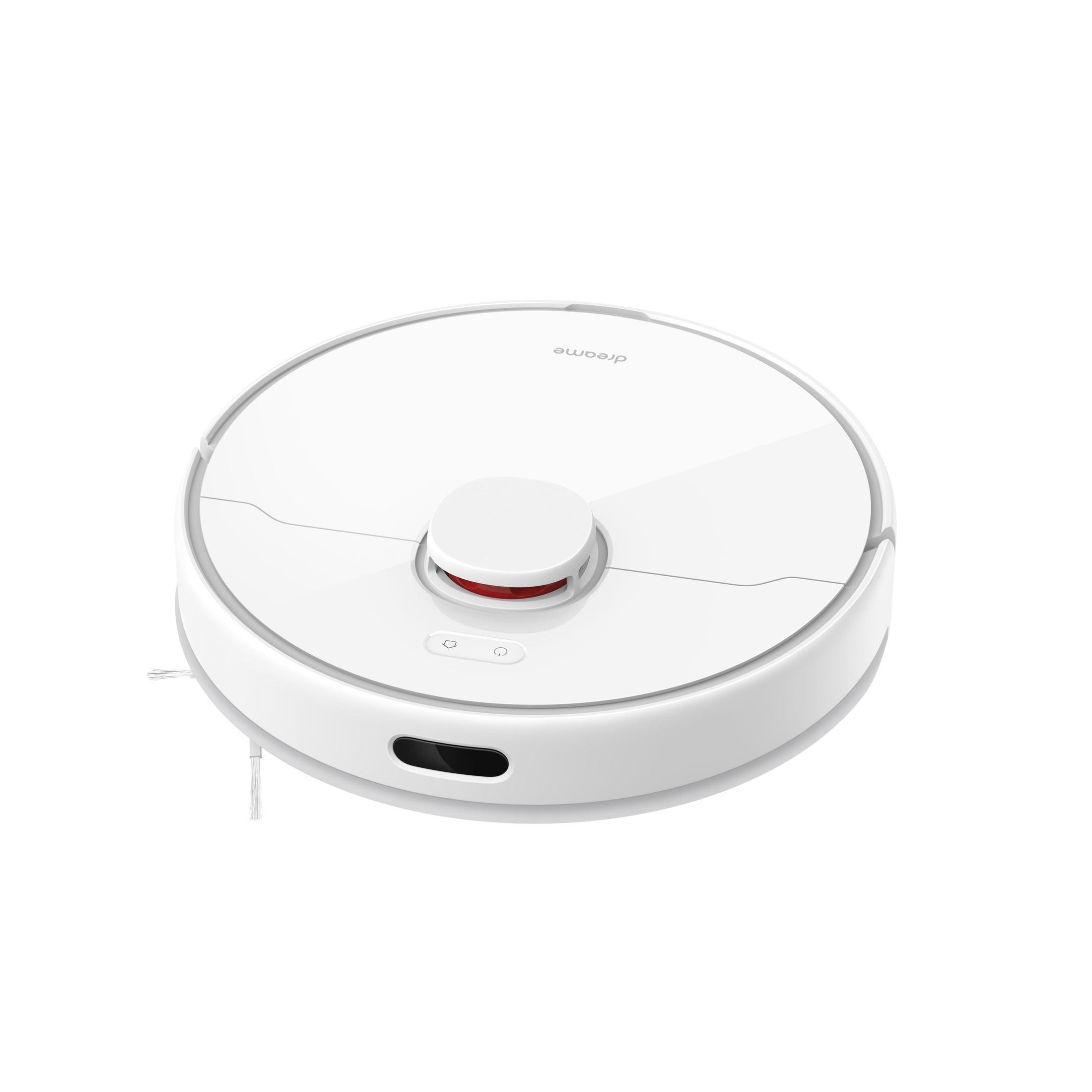 Aspiradora robot Dreame blanca. Diseño redondo, con un botón rojo y dos más pequeños.