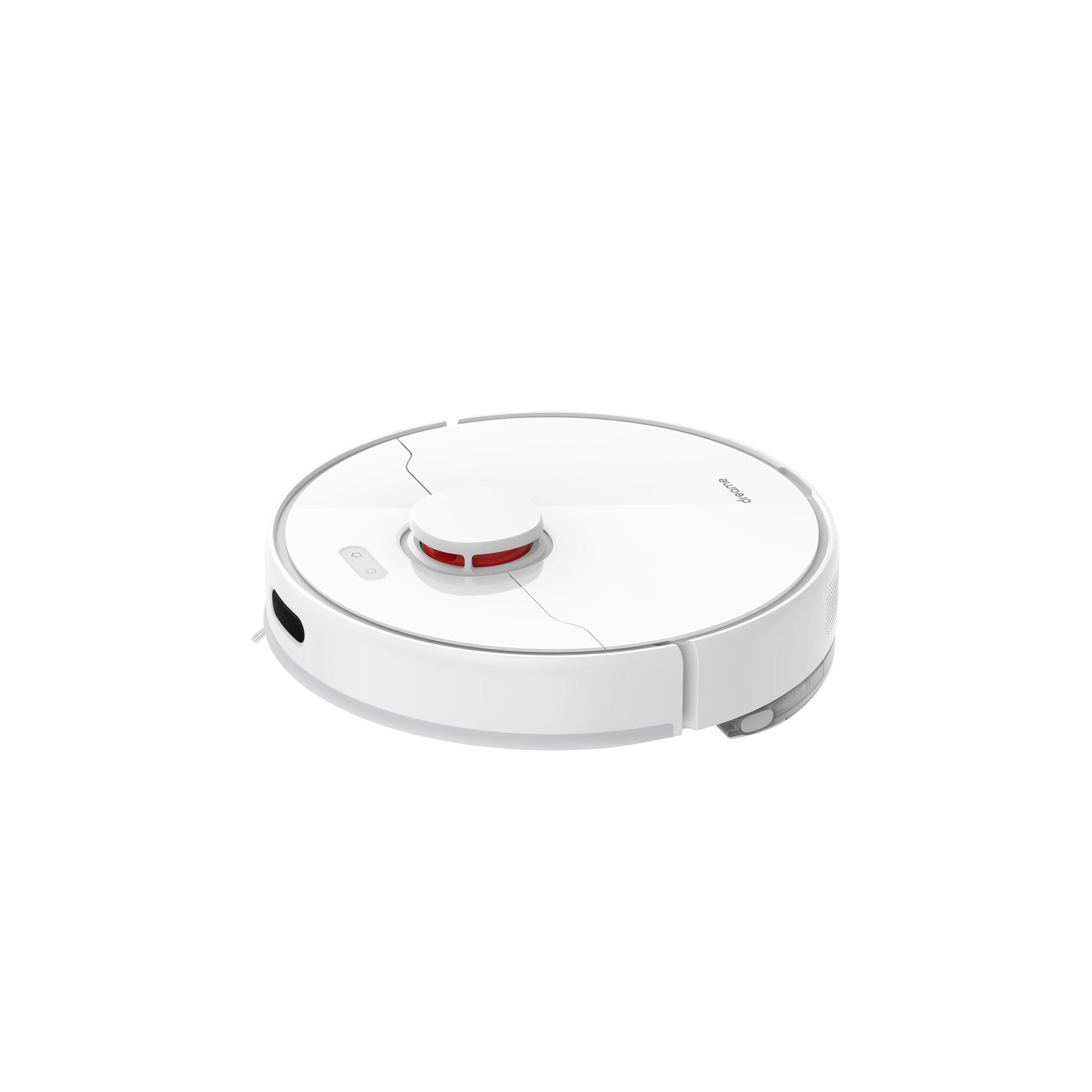 Una aspiradora robot circular blanca sobre una superficie blanca. Tiene un botón rojo en la parte superior.