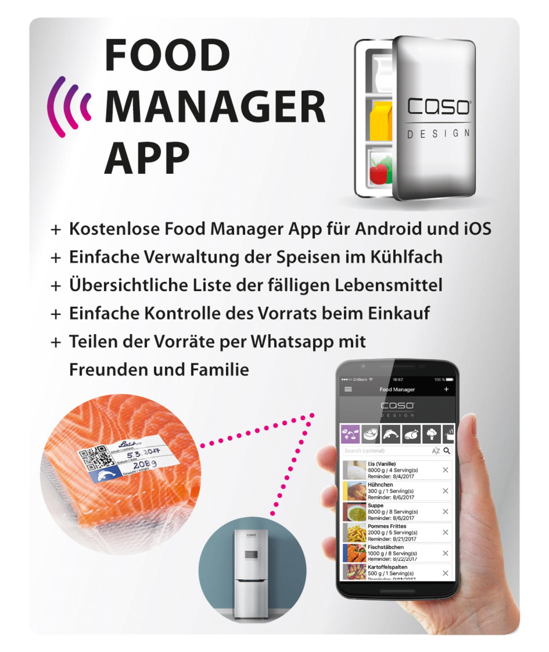 Ein Telefon zeigt die FOOD MANAGER APP-Oberfläche, mit einer Lachspackung und einem Kühlschrank im Hintergrund.
