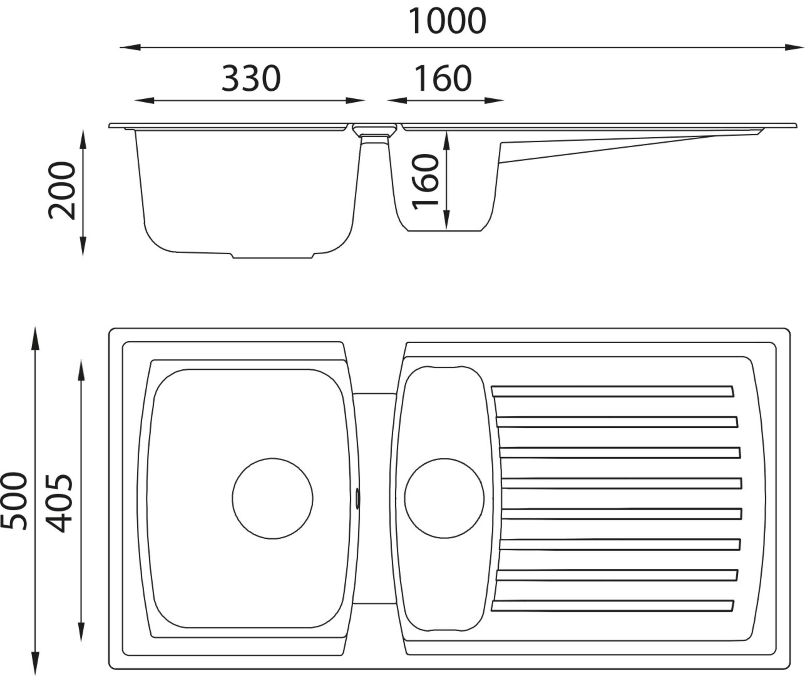 Ein Diagramm eines Waschbeckens mit Abmessungen in Millimetern.