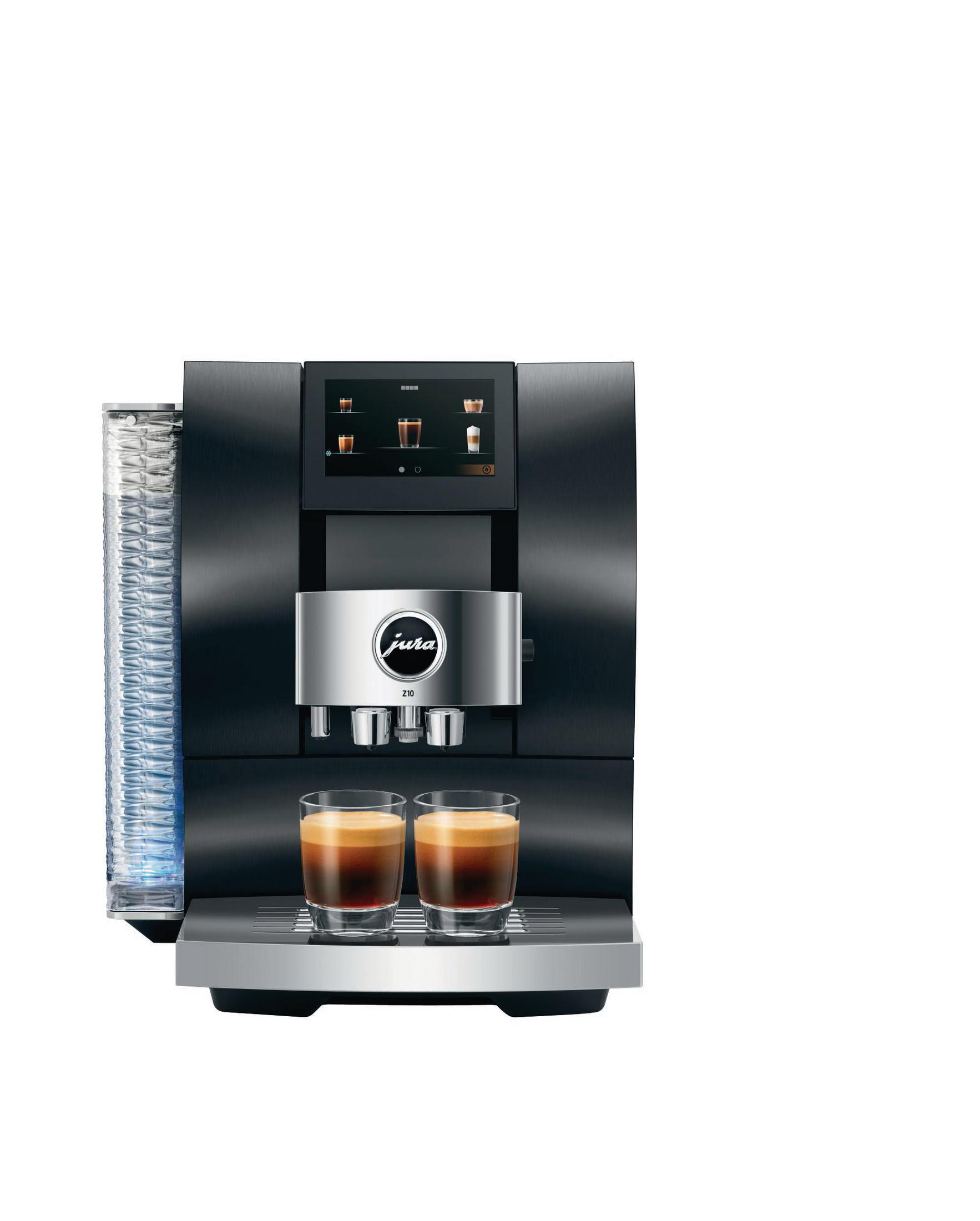 Schwarze Jura Kaffeemaschine mit zwei Espresso und einem Becherspender.