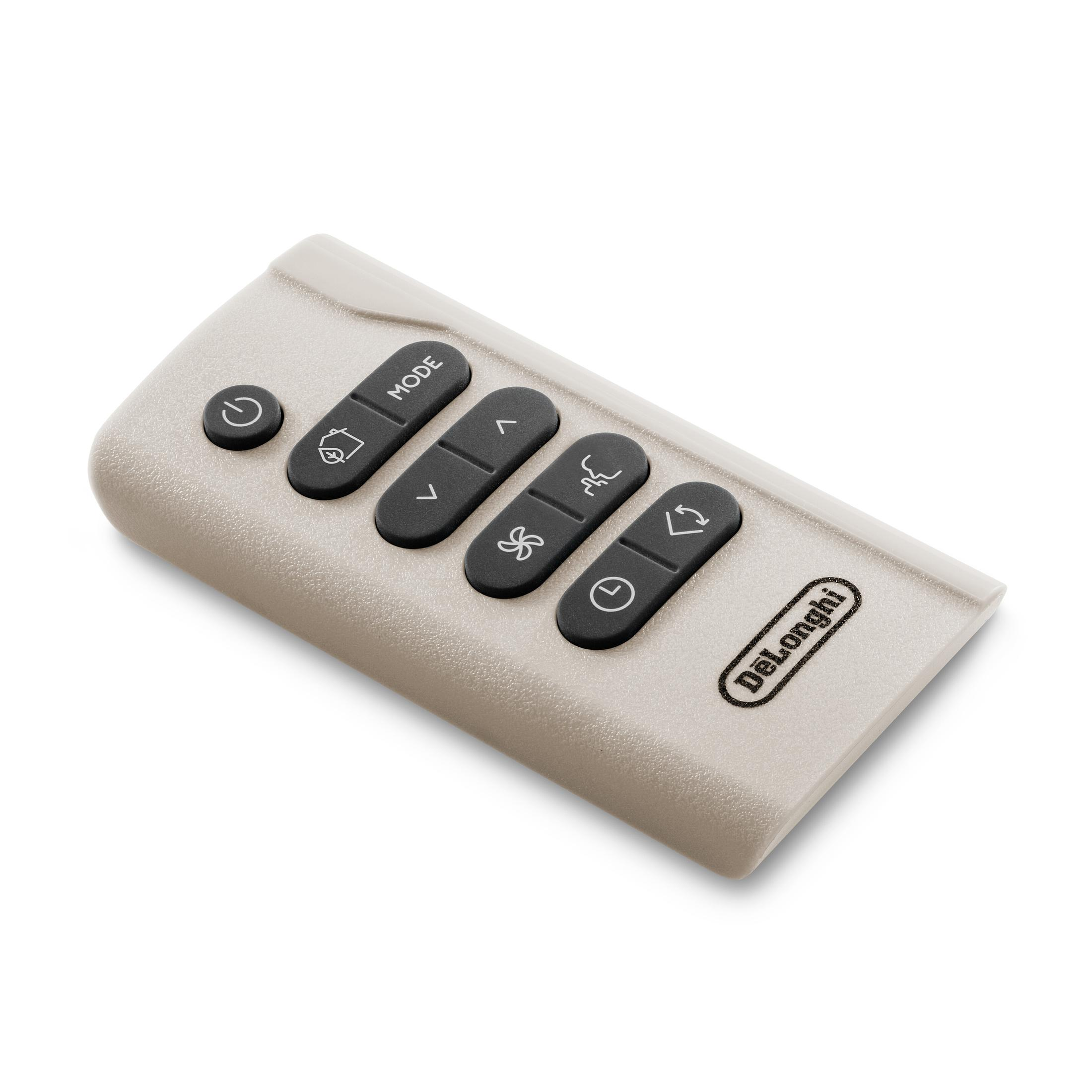 Pilot DeLonghi, beżowy, z przyciskami zasilania, trybu, wentylatora i timera. Białe tło.