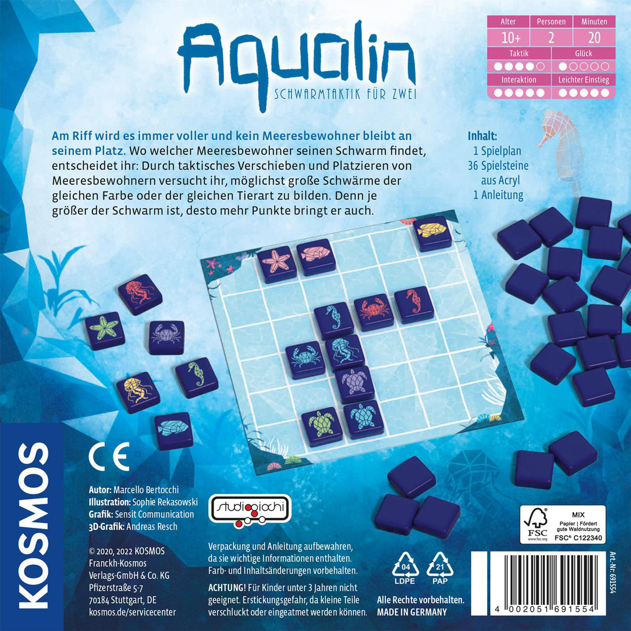 Brettspielbox mit Spielsteinen. Das Spiel ist Aqualin, mit Bildern von Meeresbewohnern.