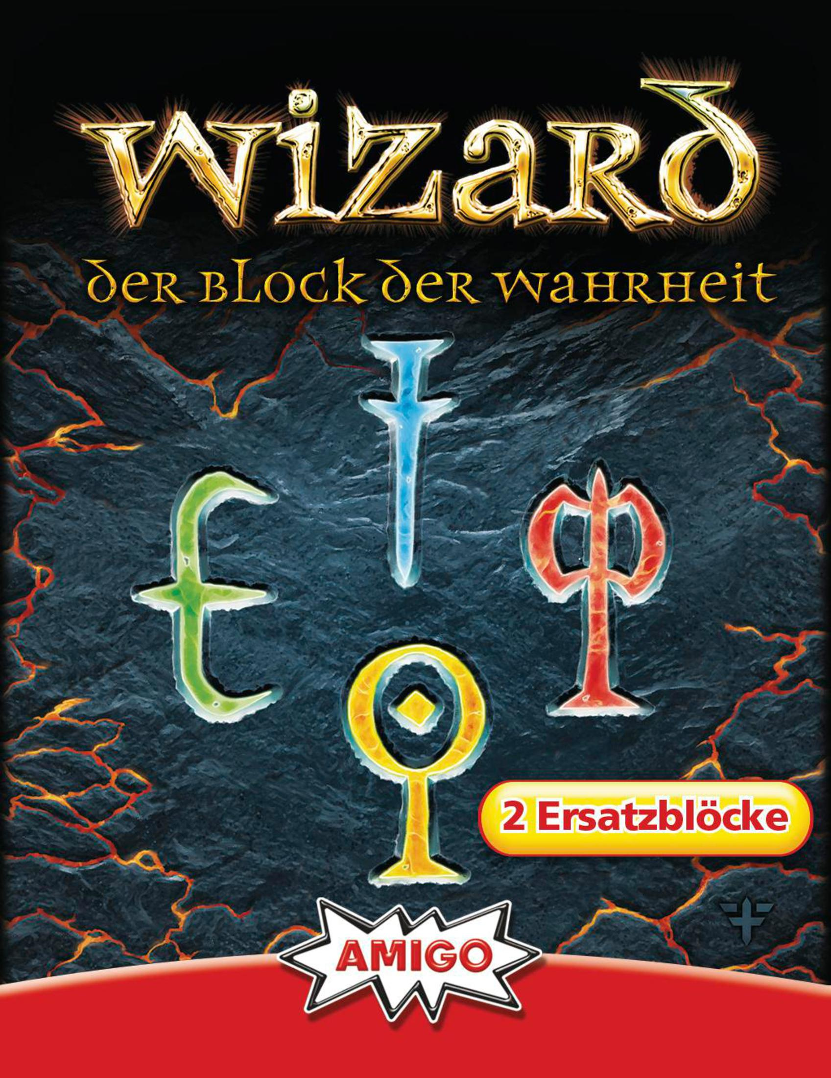 Wizard-Kartenspielbox mit Text und Symbolen. Roter und dunkler Hintergrund.