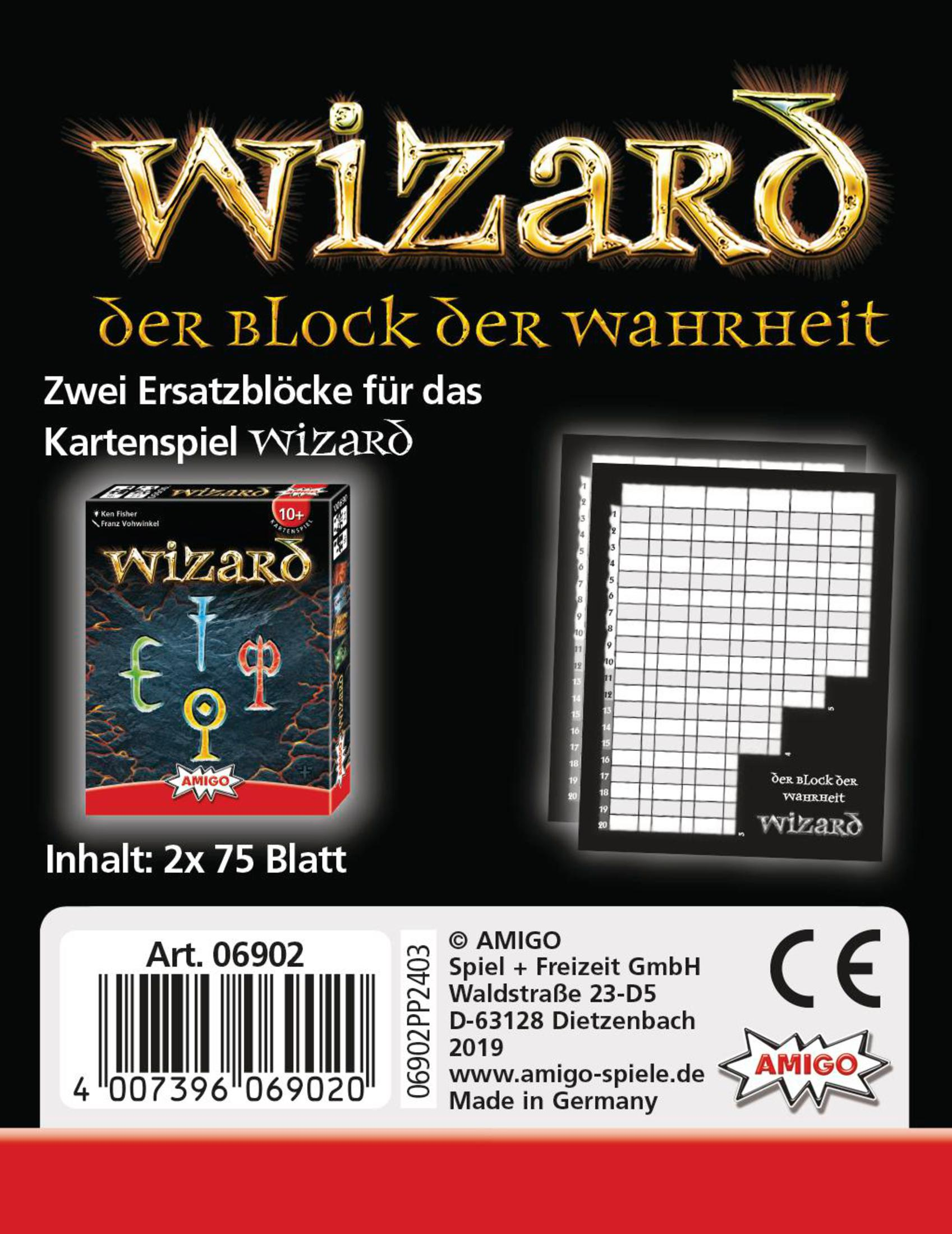 Schachtel des Wizard-Kartenspiels mit Kartendeck und Anzeigetafeln sichtbar. Text auf Deutsch.