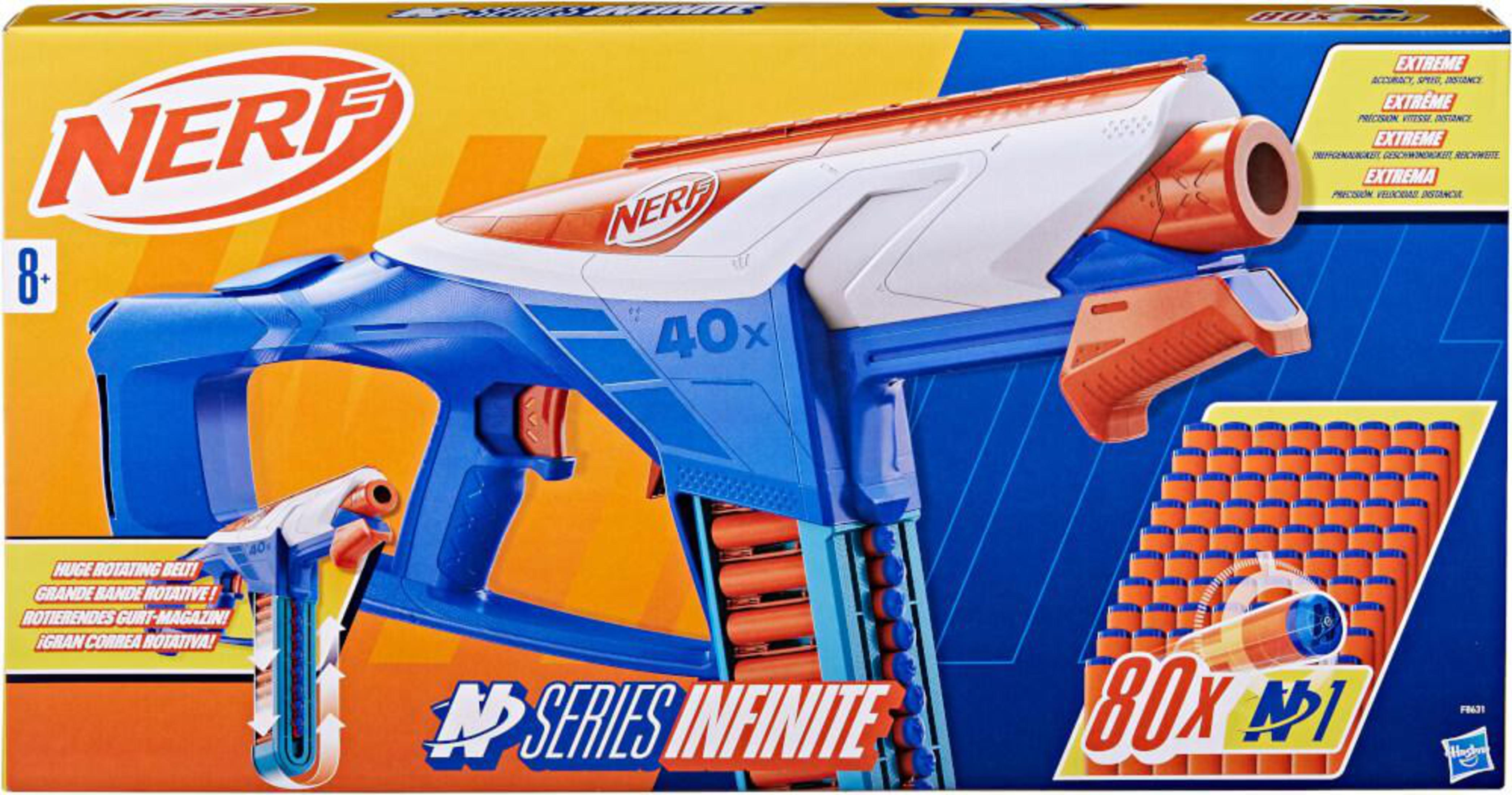 Pudełko z pistoletem Nerf. Pudełko jest niebieskie, pomarańczowe i białe. Pistolet jest pokazany w pudełku.