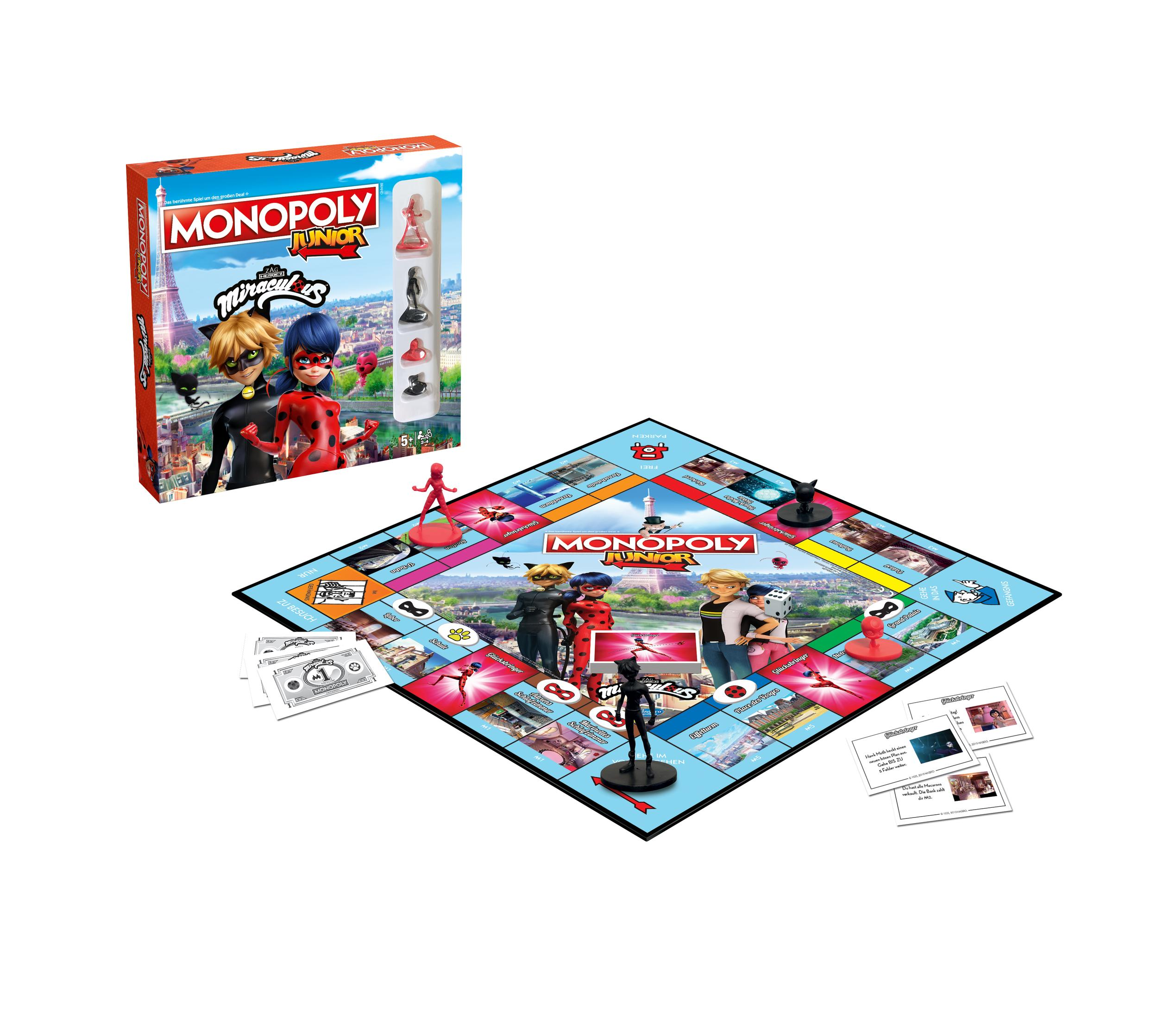 Monopoly Junior Spielbox und Spielbrett mit Figuren aus der Serie Miraculous Ladybug.