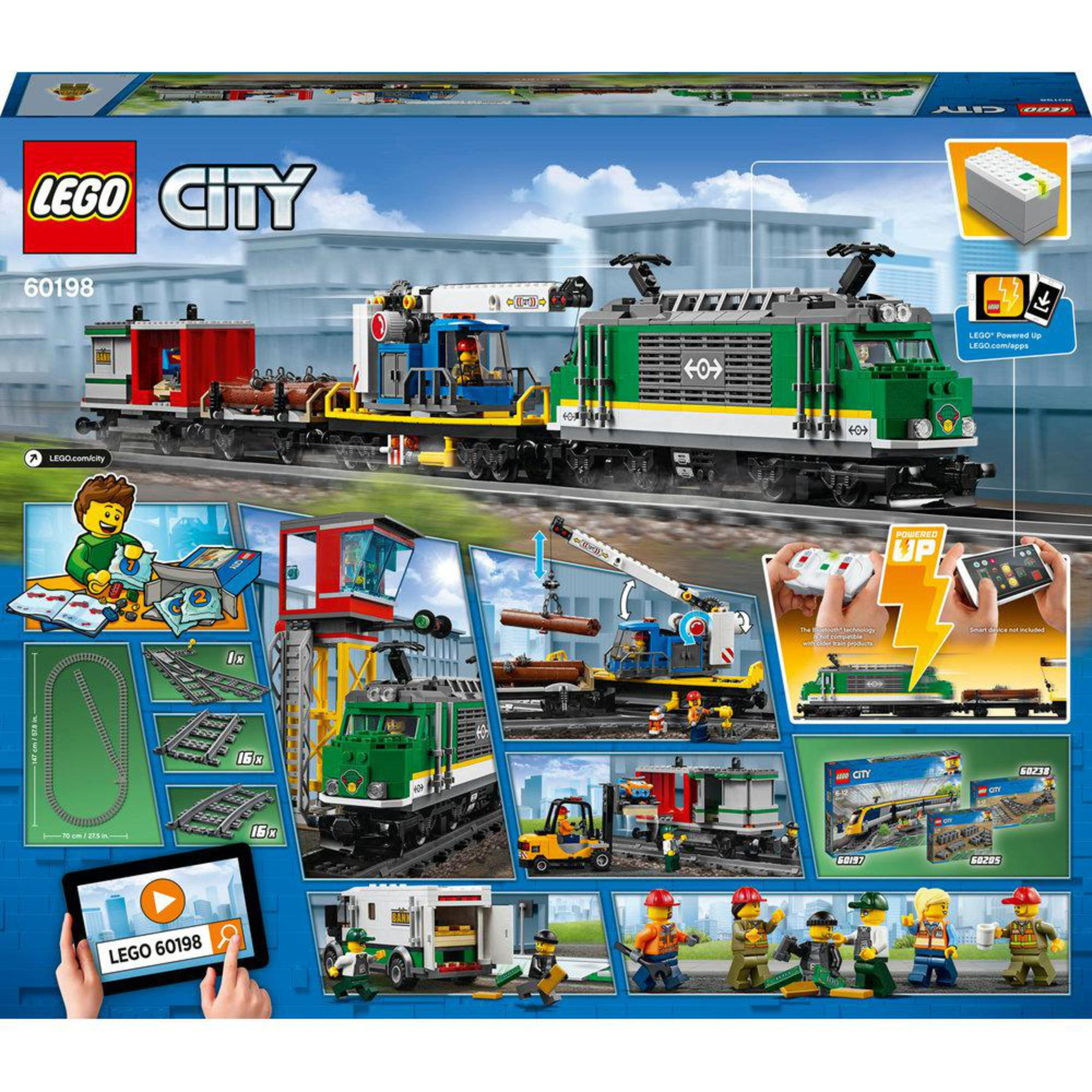 Grafika pudełka Lego City: pociąg, figurki i inne sceny budowlane. Pudełko jest otwarte.