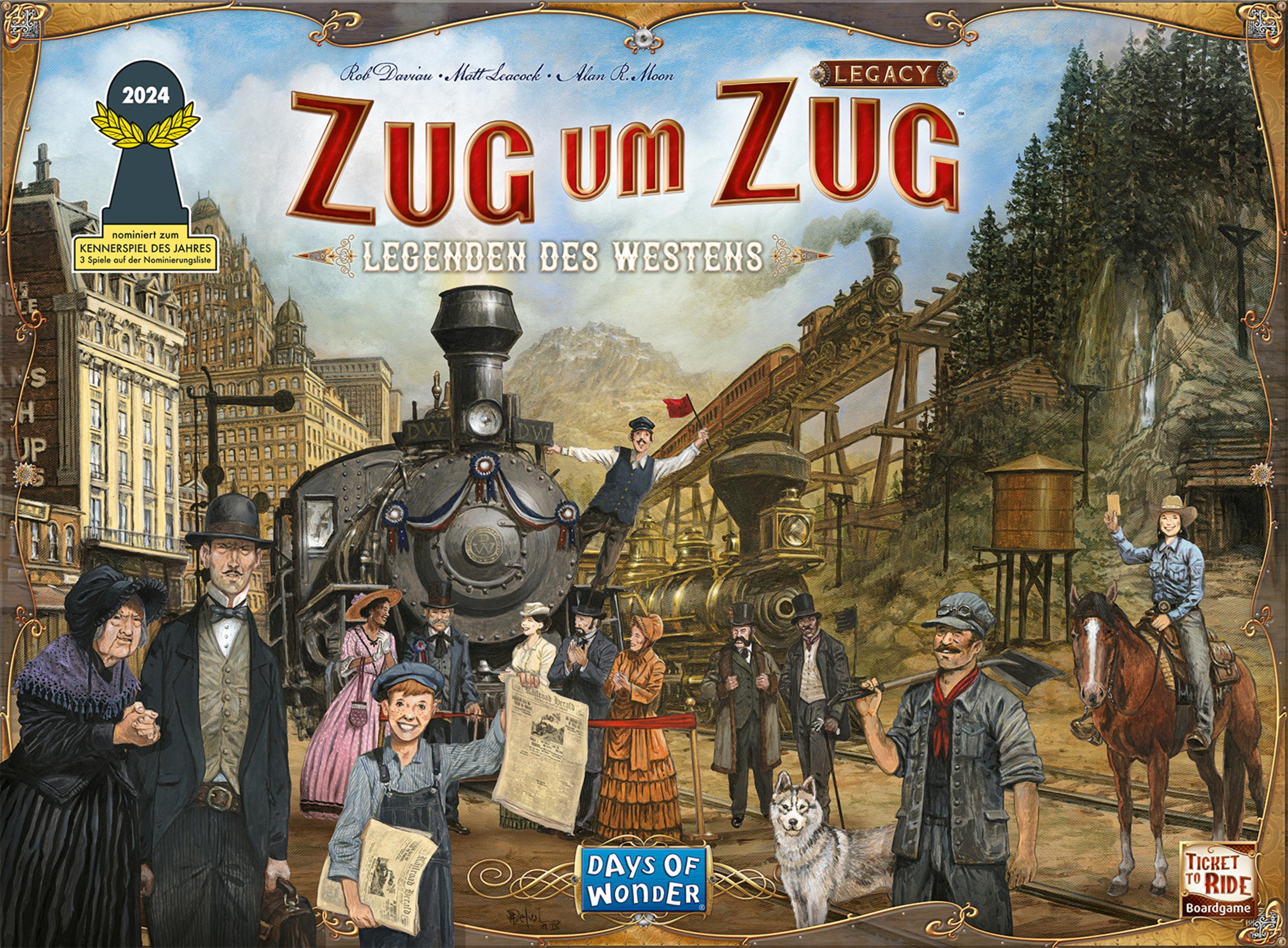 Schachtelkunst für das Brettspiel 'Zug um Zug' mit einer historischen Bahnszene mit Figuren.
