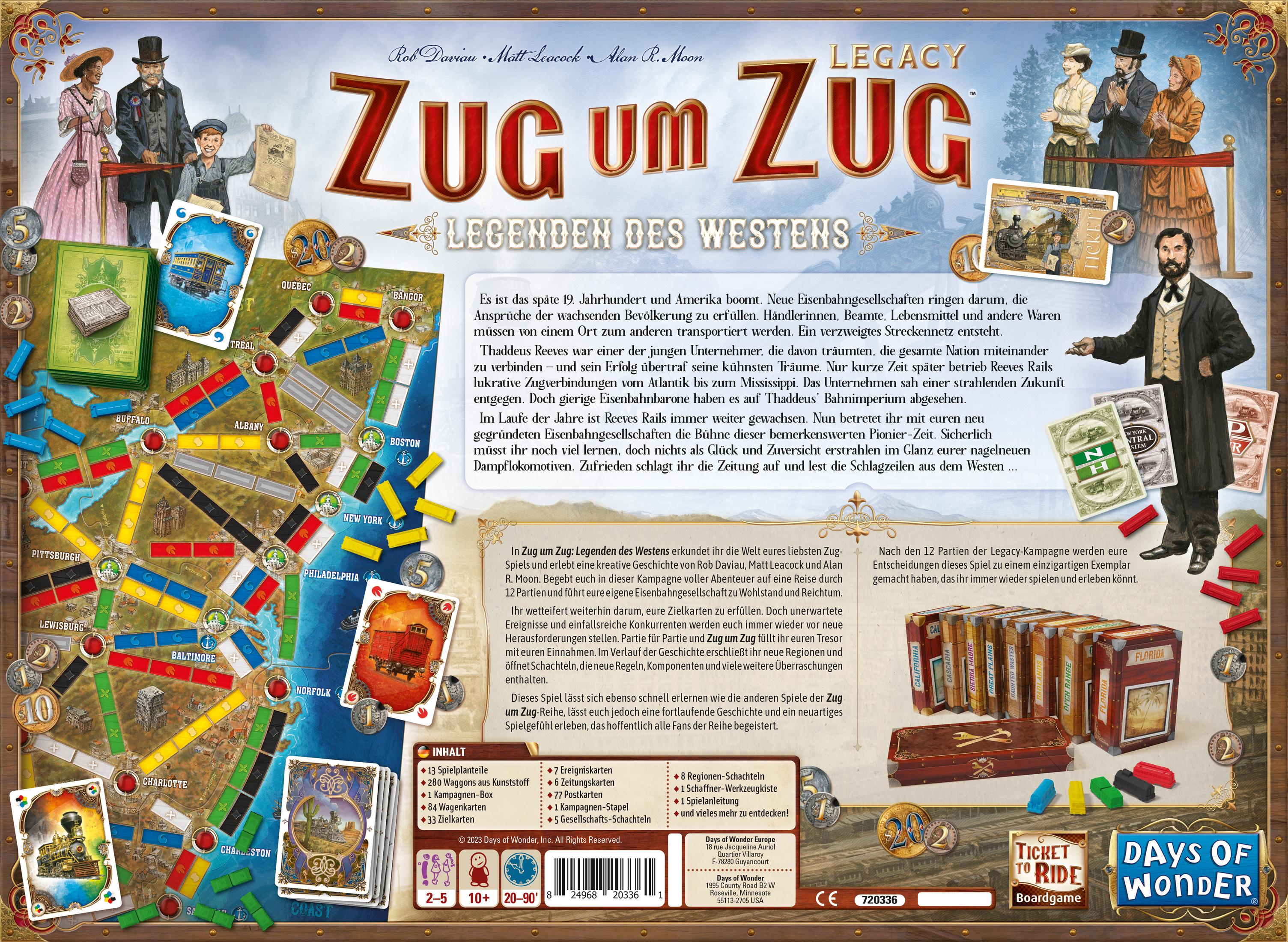 Das Brettspiel Ticket to Ride: Legacy. Die Box zeigt Illustrationen von Menschen mit einer Karte eines Spielbretts.