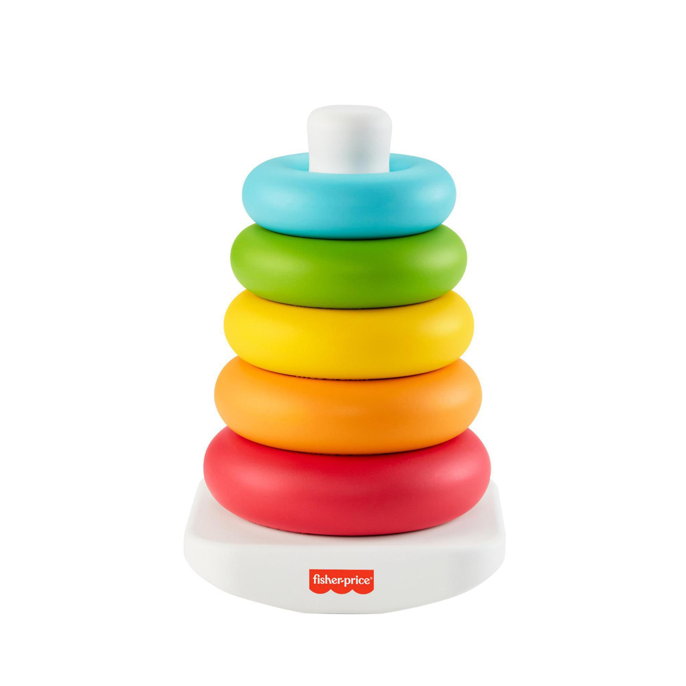 Ein farbenfrohes Stapelspielzeug mit Ringen in Blau, Grün, Gelb, Orange und Rot auf weißer Basis.