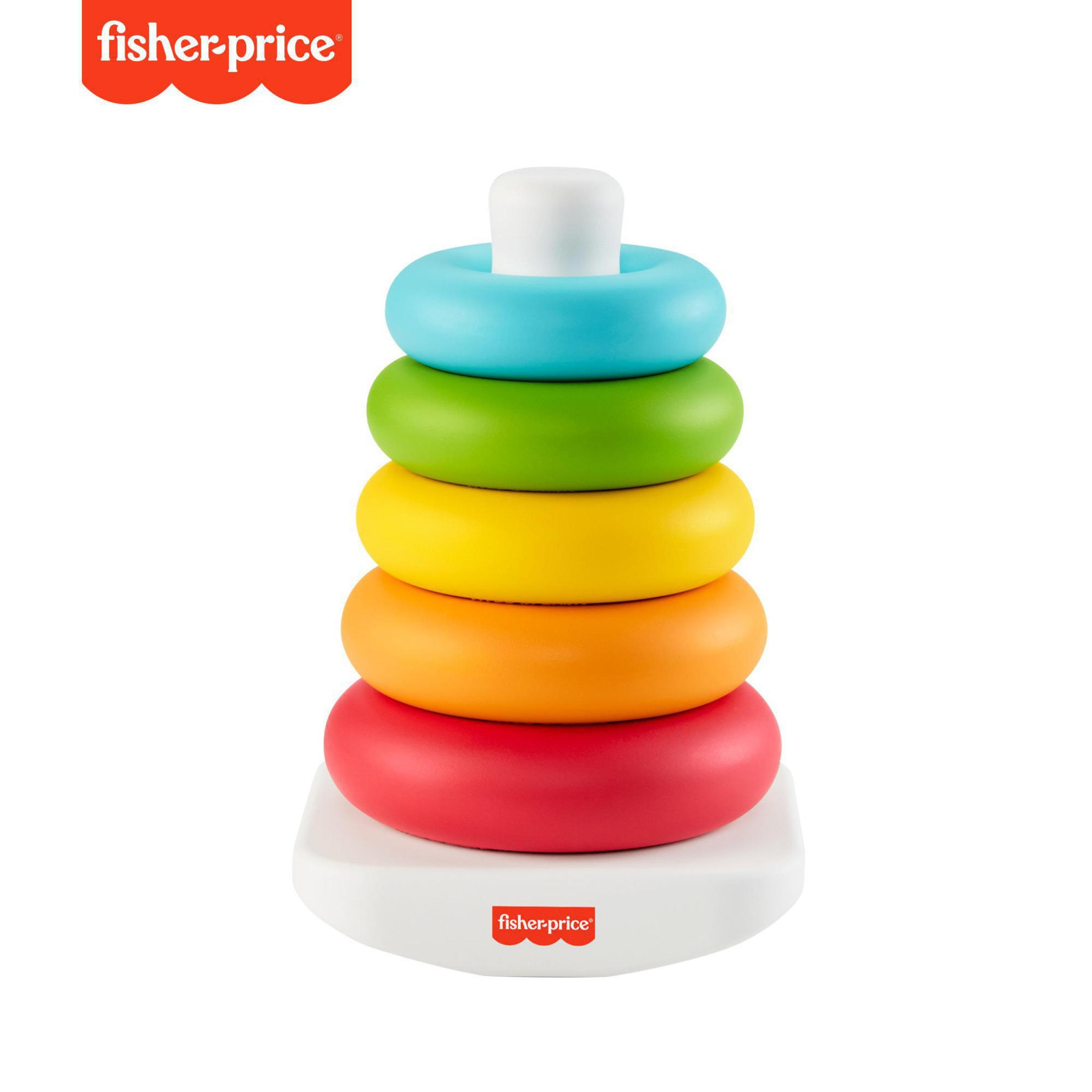 Ein farbenfrohes Stapelspielzeug mit Ringen in Blau, Grün, Gelb, Orange und Rot auf weißer Basis.