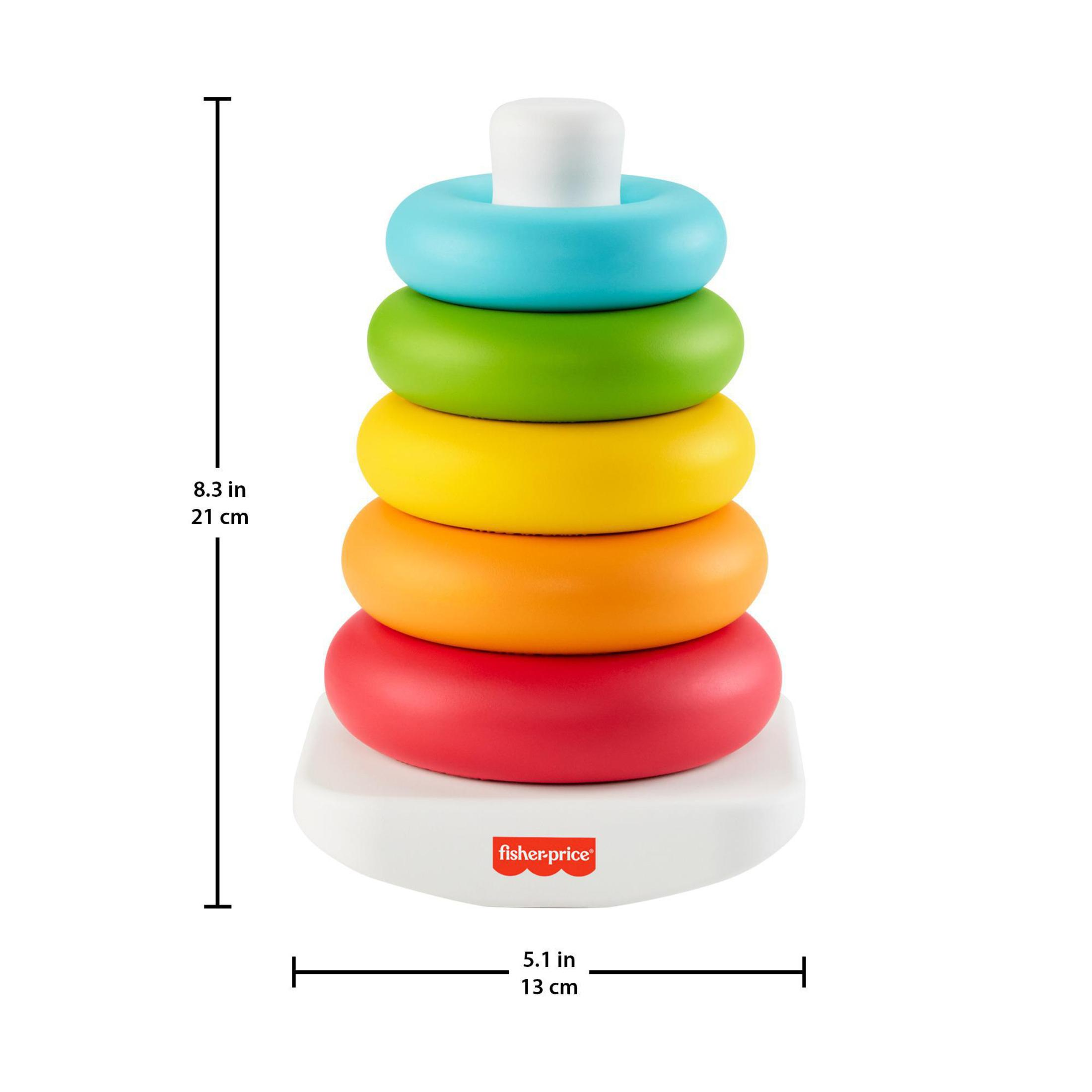 Nahaufnahme eines farbenfrohen Stapelspielzeugs mit Abmessungen. Ringe sind blau, grün, gelb, orange und rot.