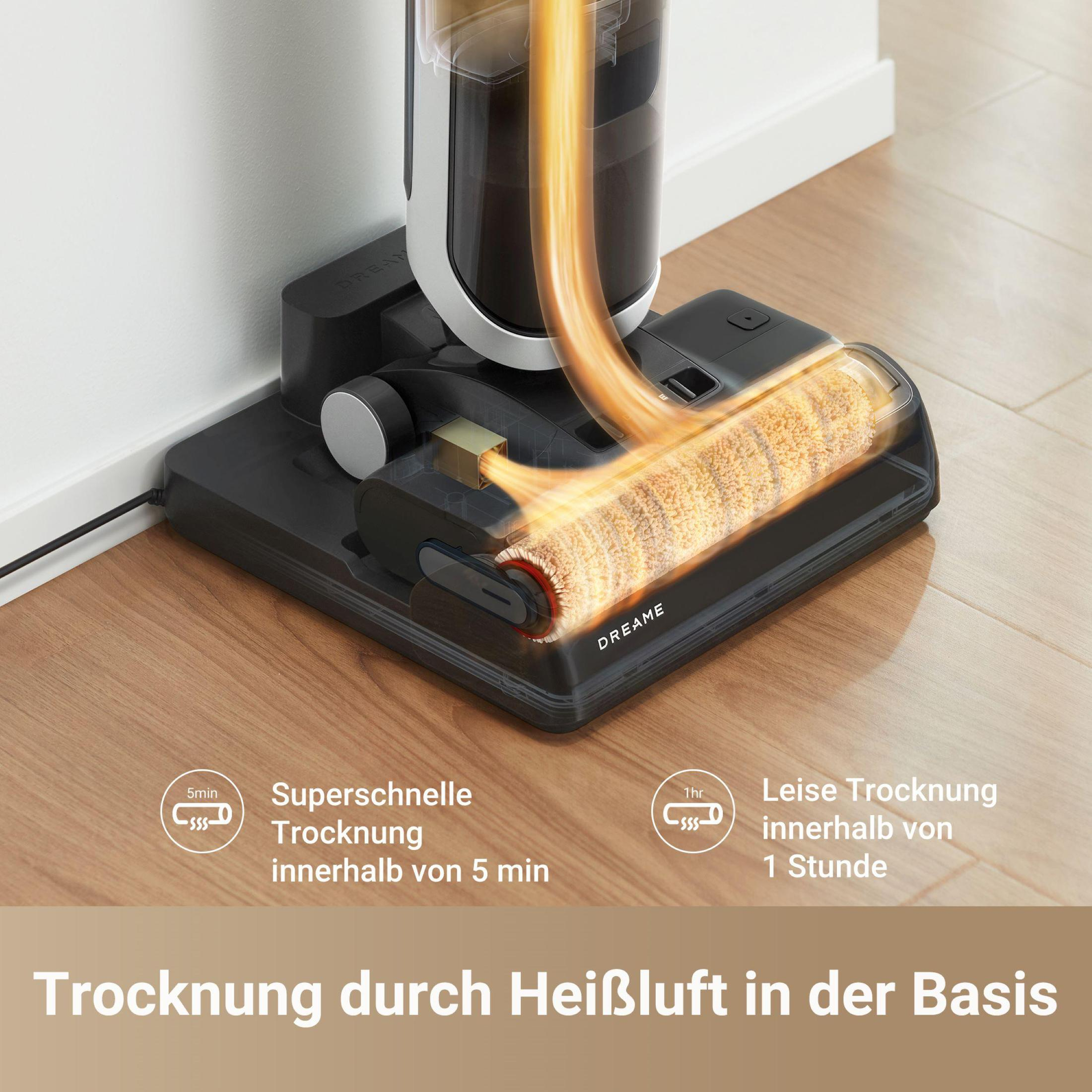 Staubsaugerbasis mit rotierendem Bürstenkopf und Beschreibung der Trocknungsfunktion auf Deutsch.