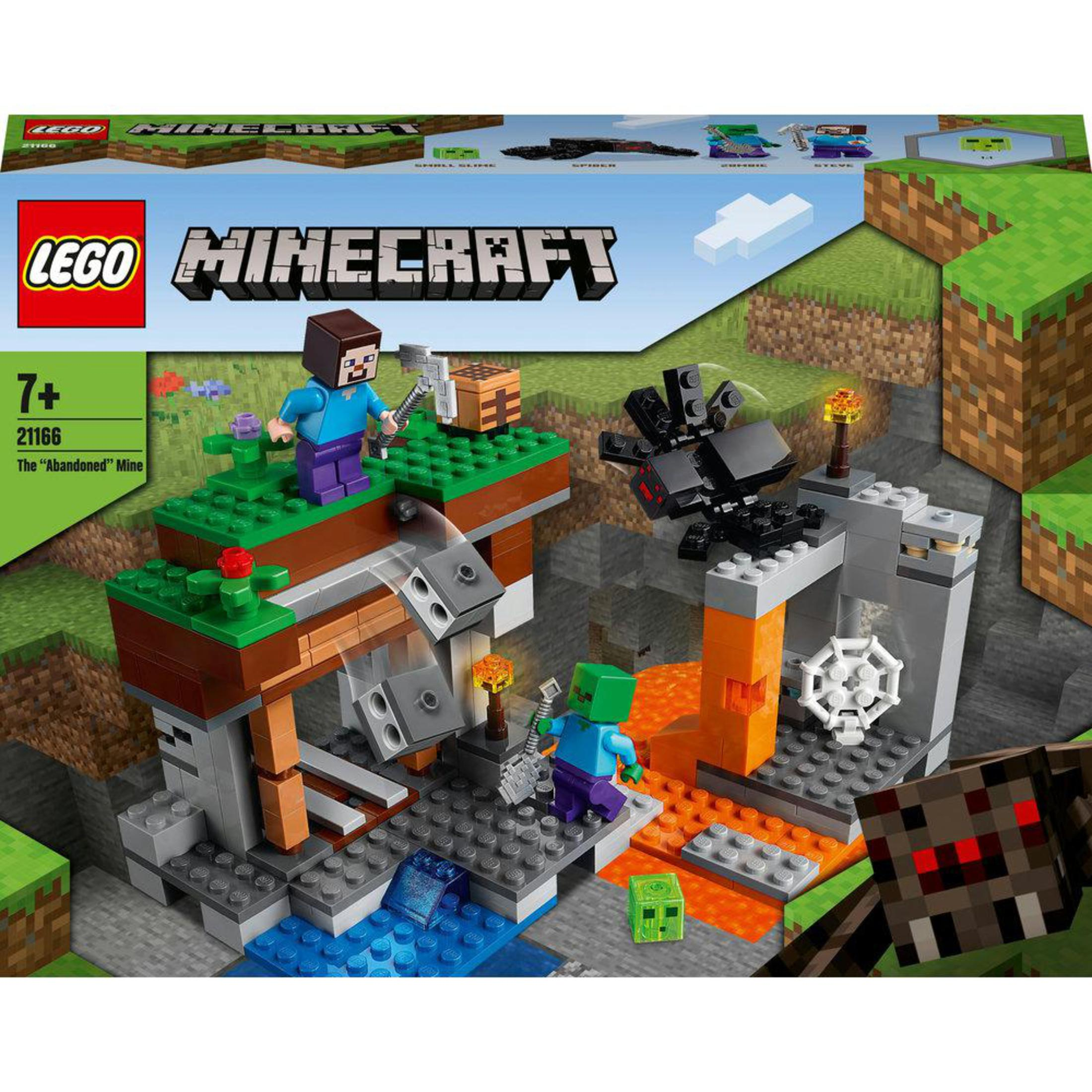 Zestaw LEGO Minecraft. Zawiera figurki, scenę kopalni z lawą i pająkiem. Białe tło.