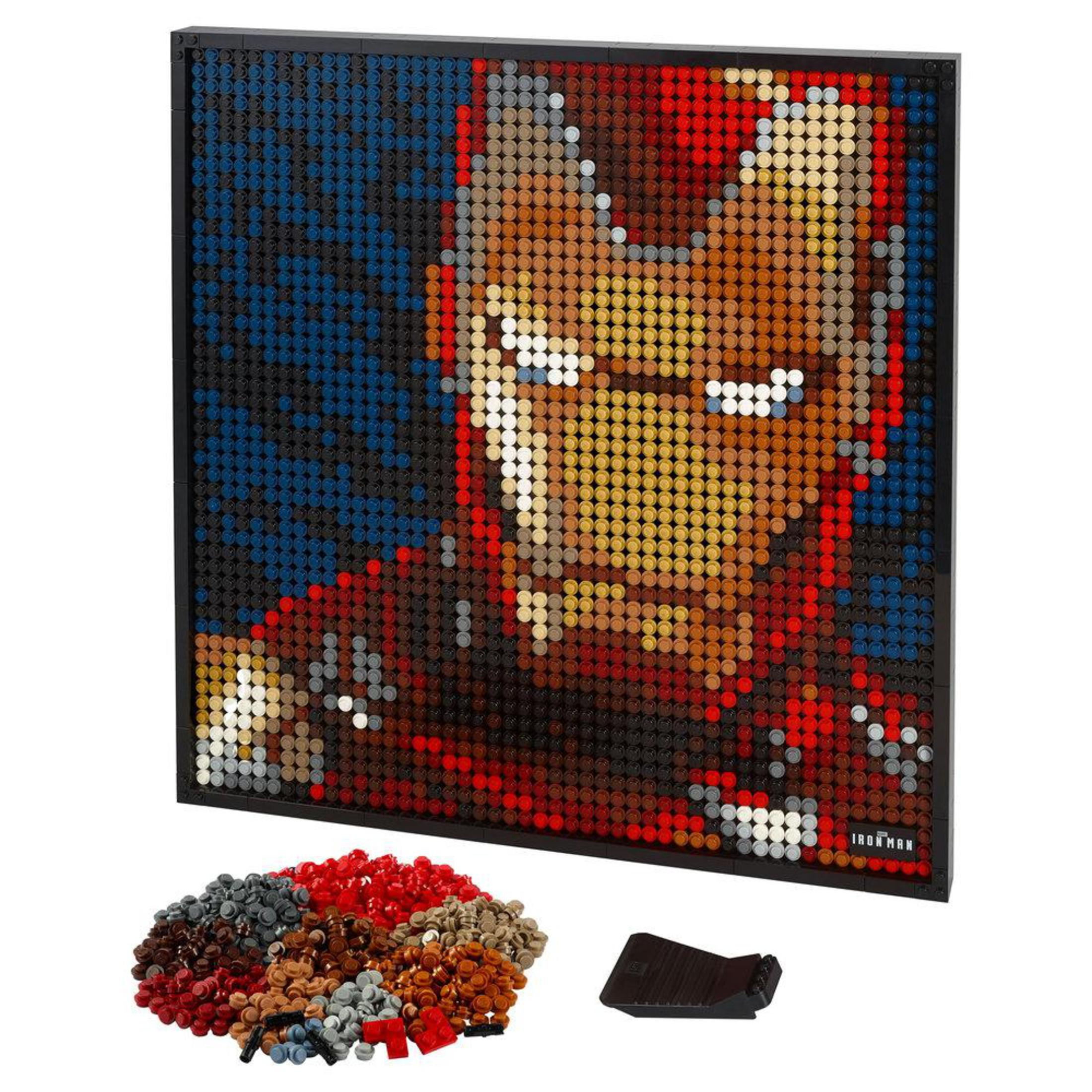 Lego Iron Man portrait. The image is a mosaic made of small Lego bricks, with a black frame.