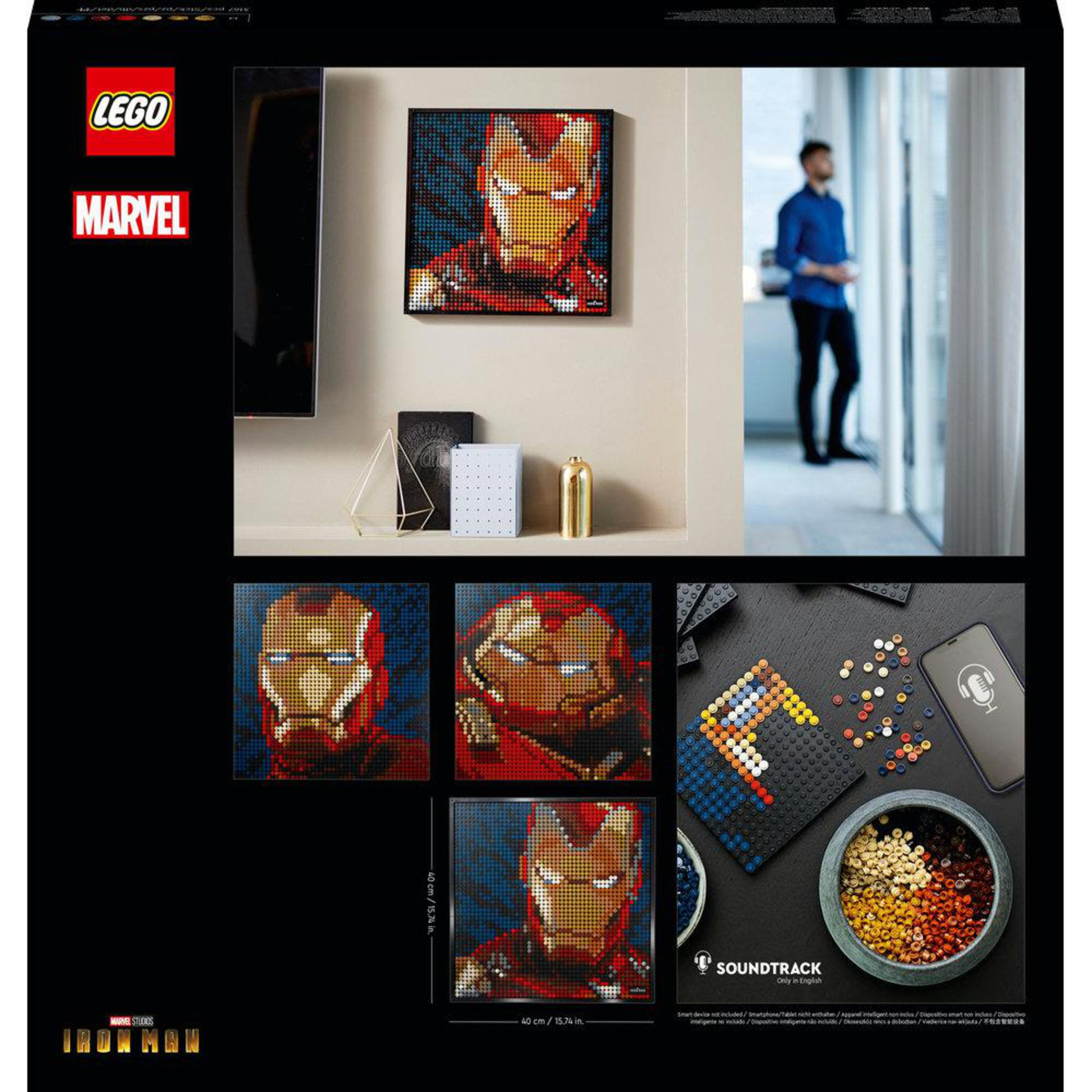 Lego Marvel Iron Man set box and examples of built models. Includes a person.