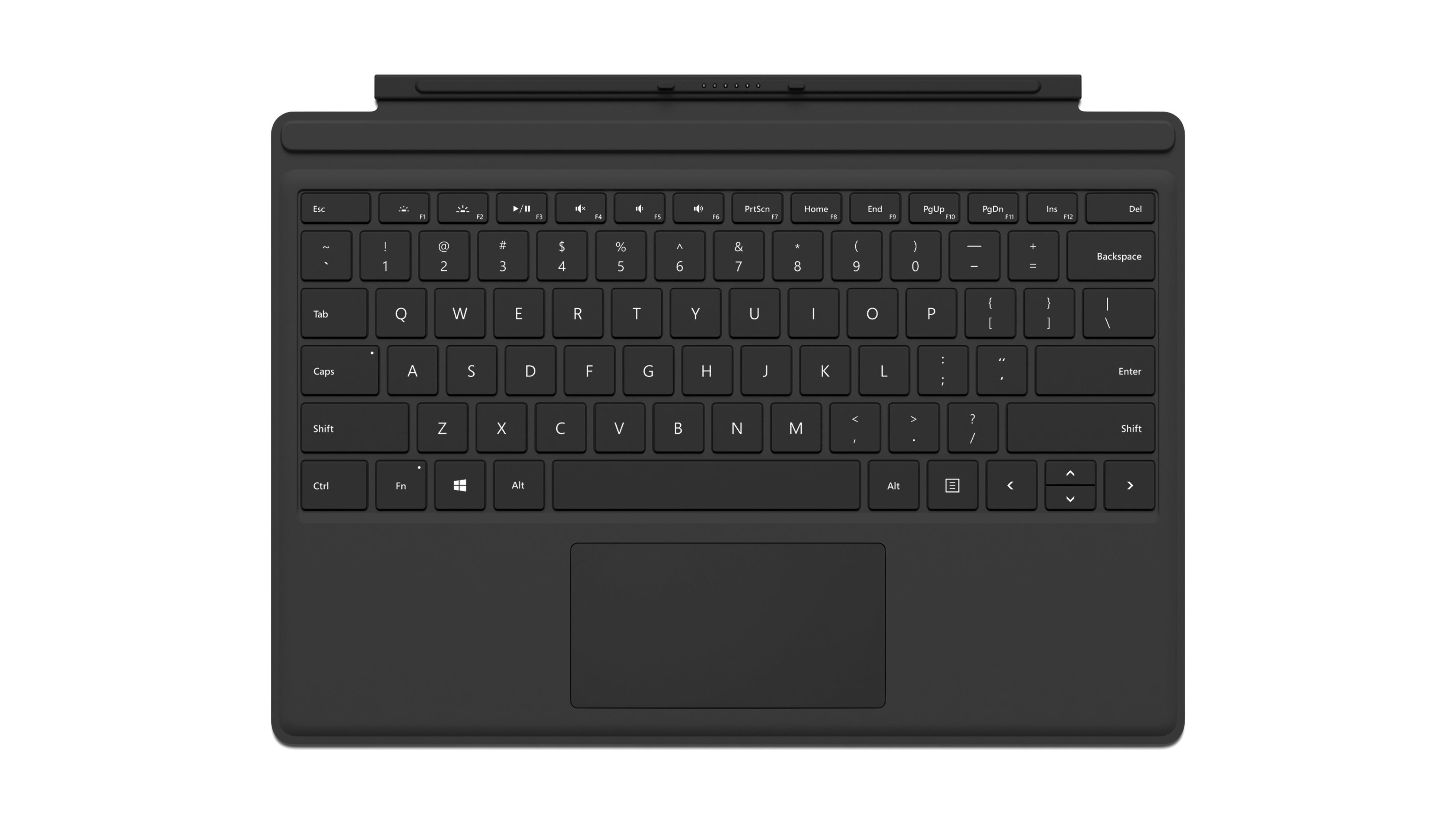 Schwarze Tastatur, Touchpad und Tasten. Marke Surface.