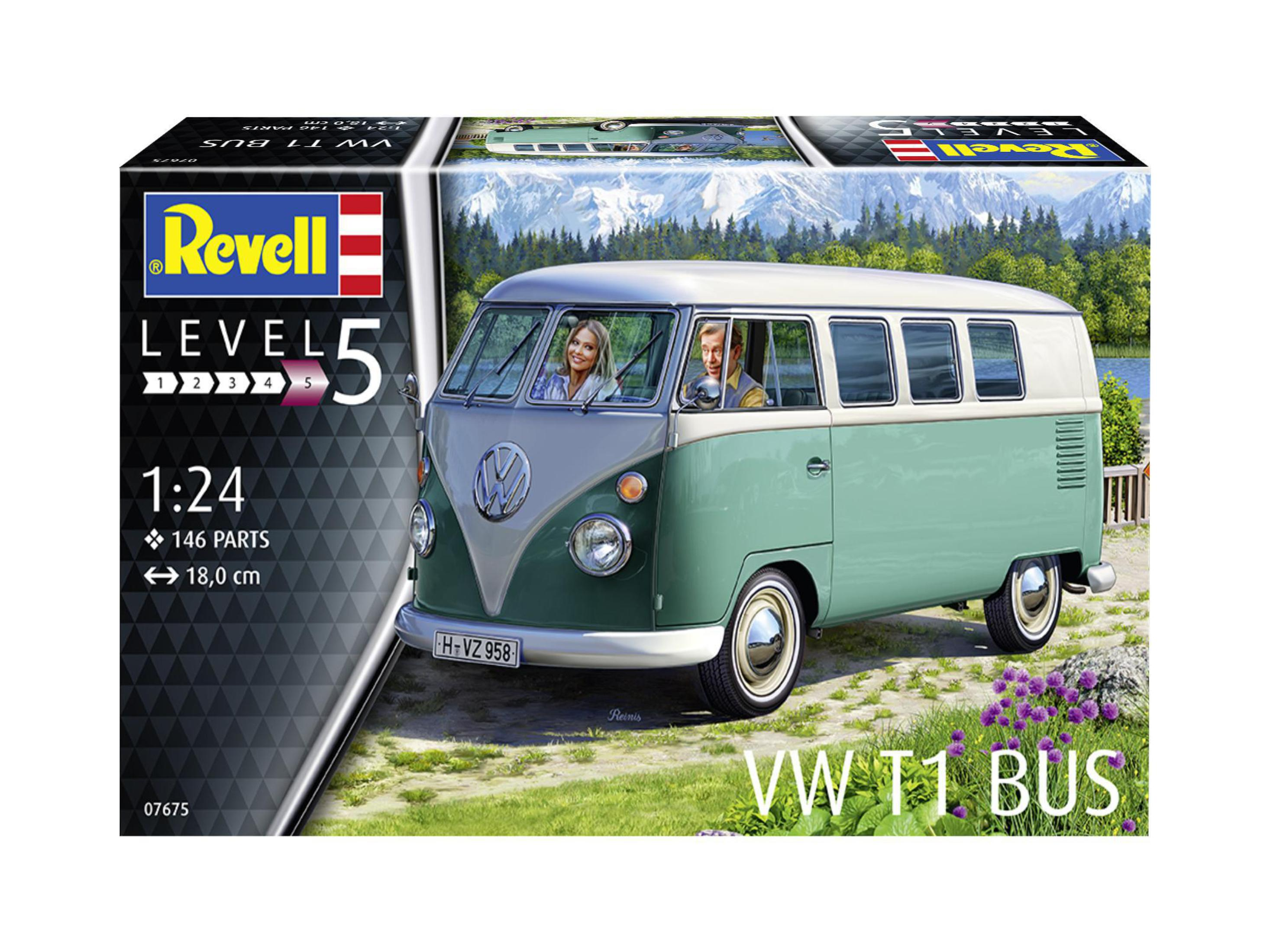 Eine Revell Modellbaukiste eines VW T1 Busses, mit einem Bild des Busses und Personen darin.