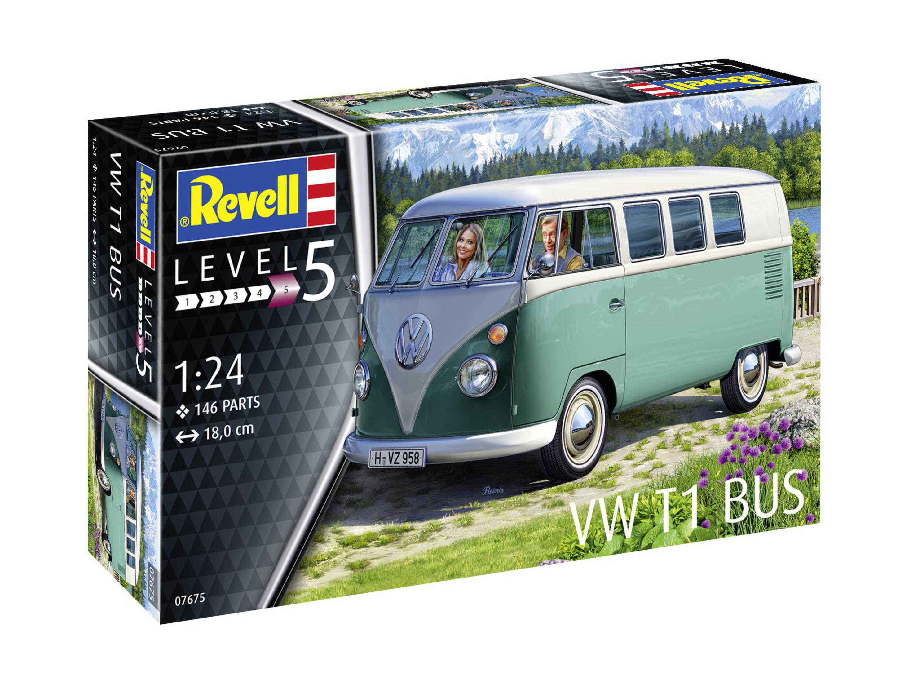 Eine Modellbaukiste eines VW T1-Busses mit einem Bild des Busses und der Stufe 5.