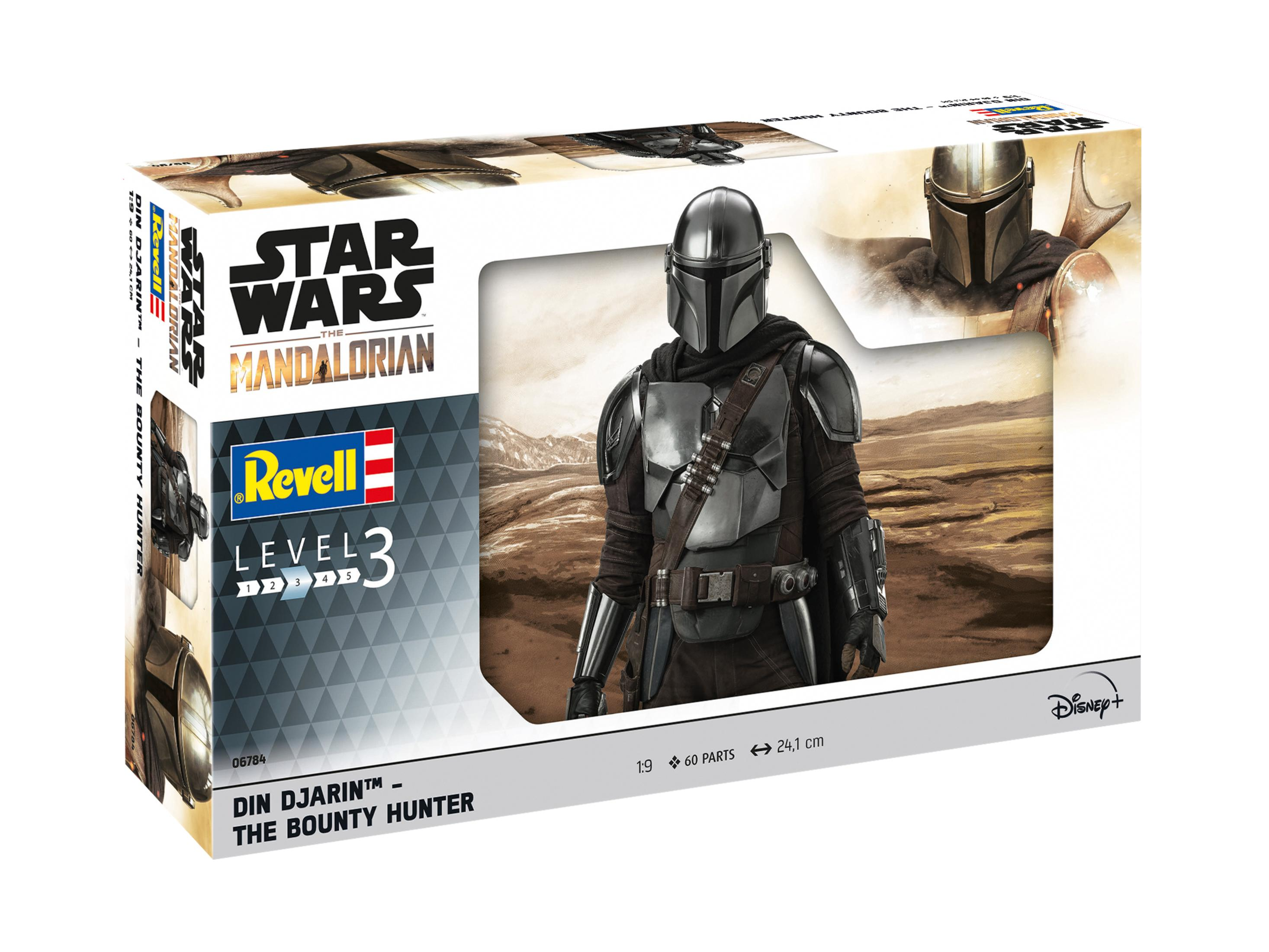 Model box art van Din Djarin, The Mandalorian, in pantser. Doos toont Star Wars en Revell logo's.