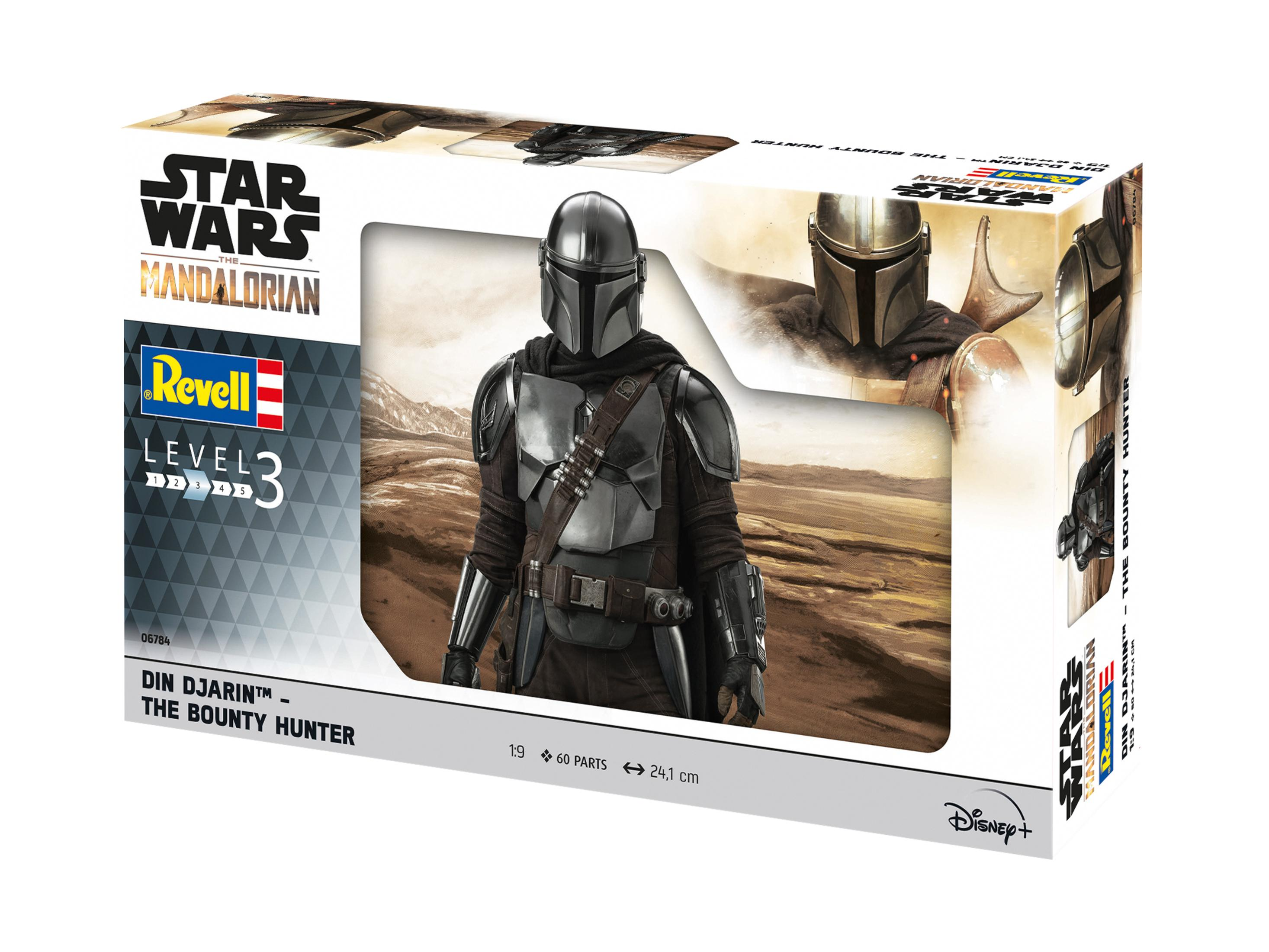 Model box art van Din Djarin, The Mandalorian, in pantser. Doos toont Star Wars en Revell logo's.