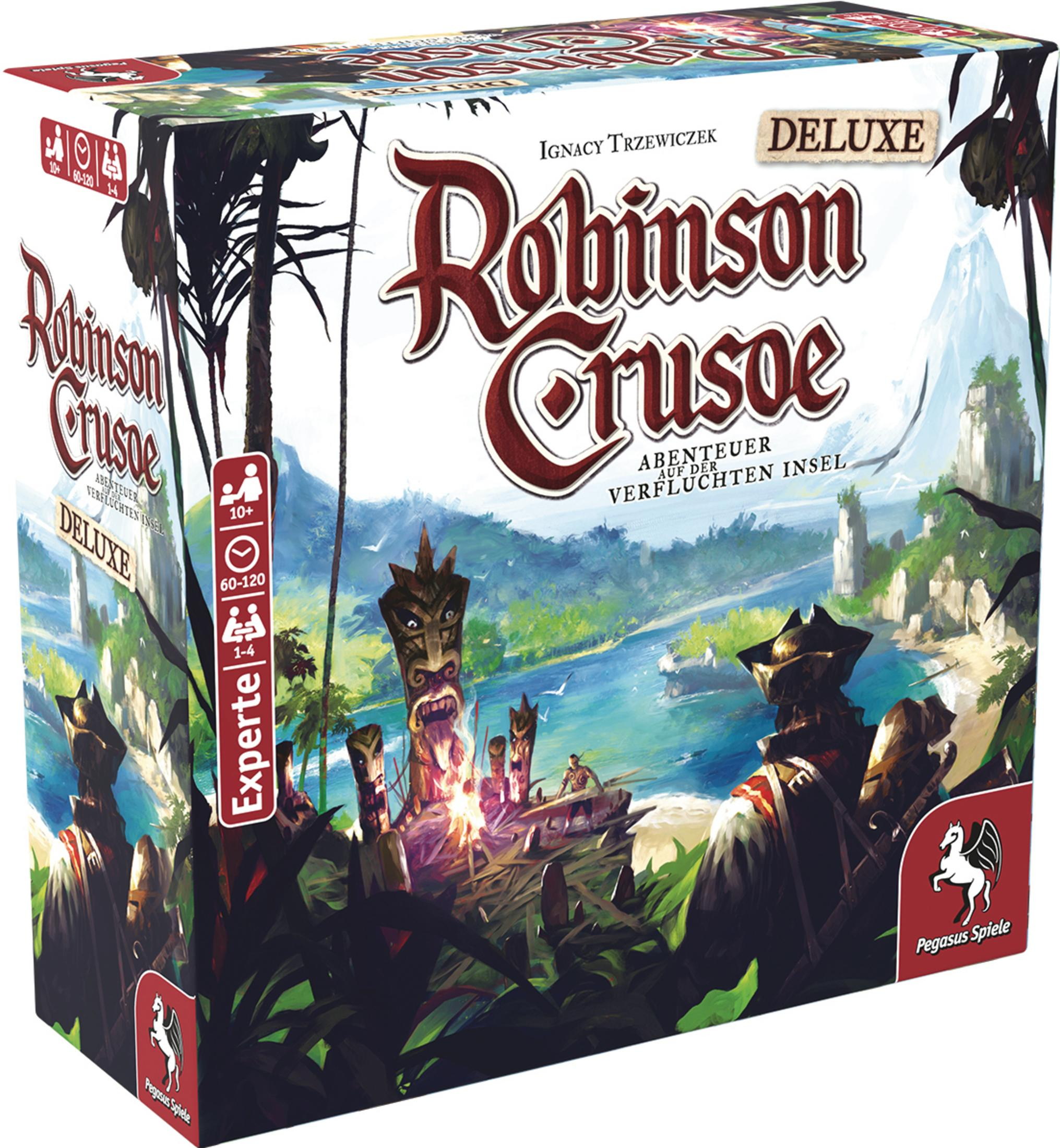 Box-Art des Robinson Crusoe-Brettspiels, die eine Insel zeigt, mit Figuren und dem Spieletitel.