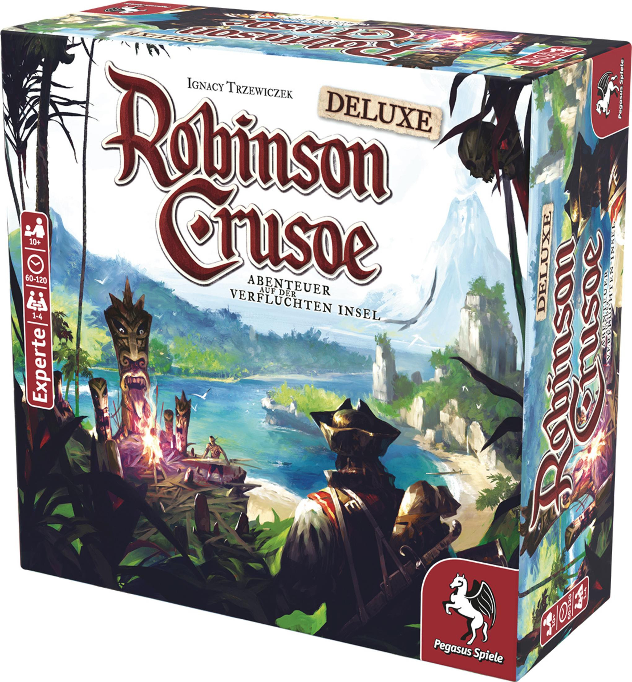 Deluxe-Ausgabe des Brettspiels Robinson Crusoe, mit Cover-Art und Text auf Deutsch.